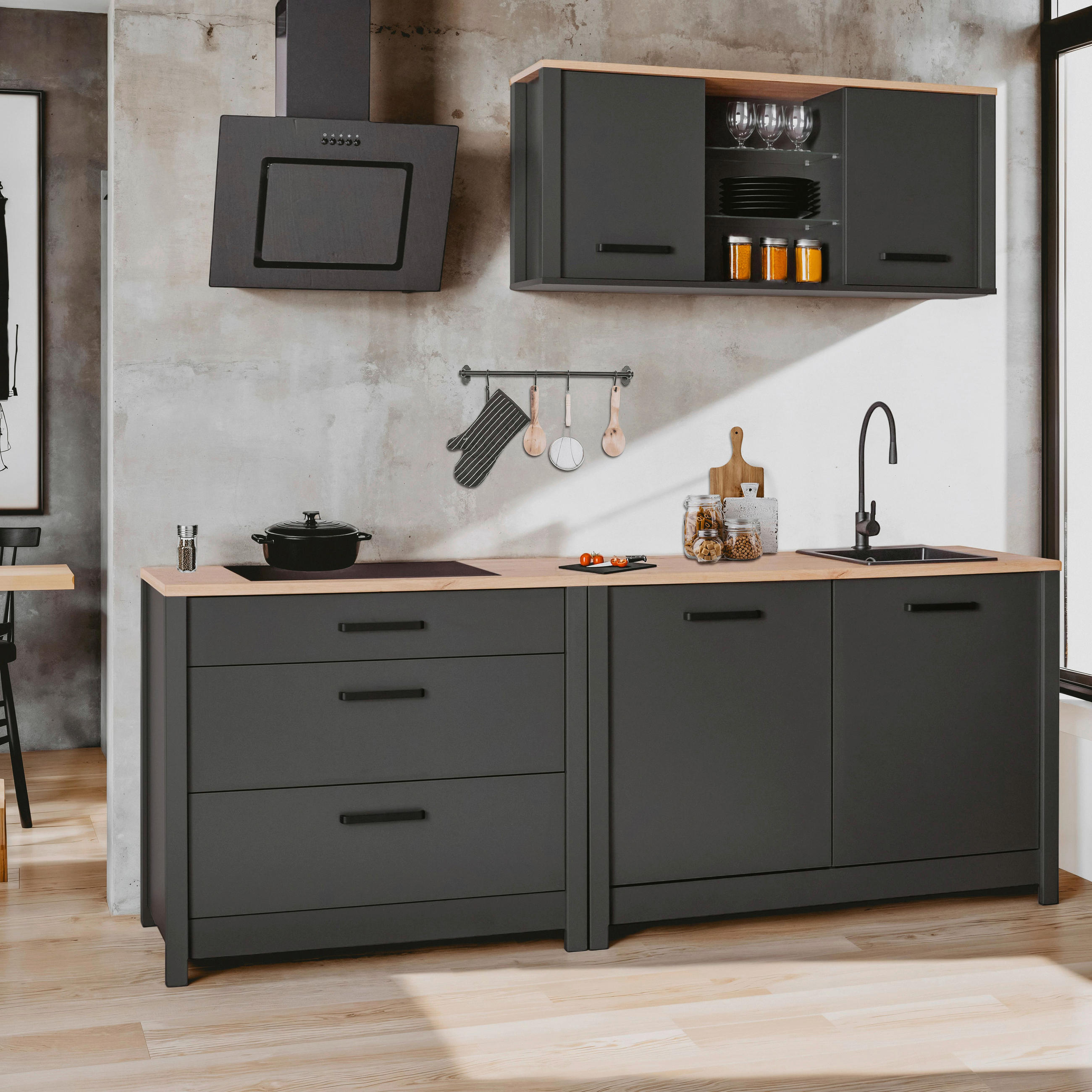 KÜCHENLEERBLOCK   in Anthrazit, Eiche Artisan  - Anthrazit/Schwarz, MODERN, Glas/Holzwerkstoff (230cm) - home24