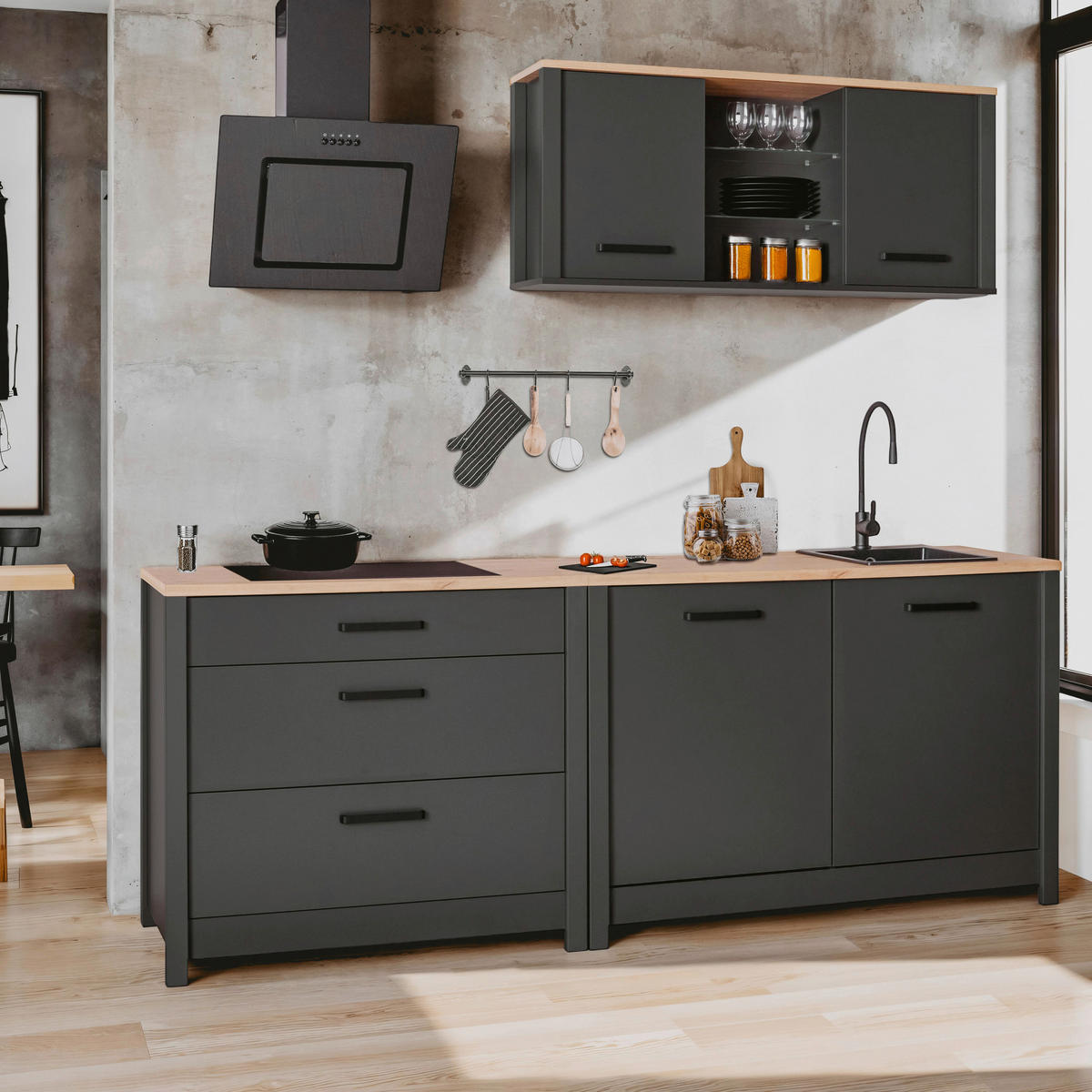 KÜCHENLEERBLOCK 230 cm   in Anthrazit, Eiche Artisan  - Anthrazit/Schwarz, MODERN, Glas/Holzwerkstoff (230cm) - home24