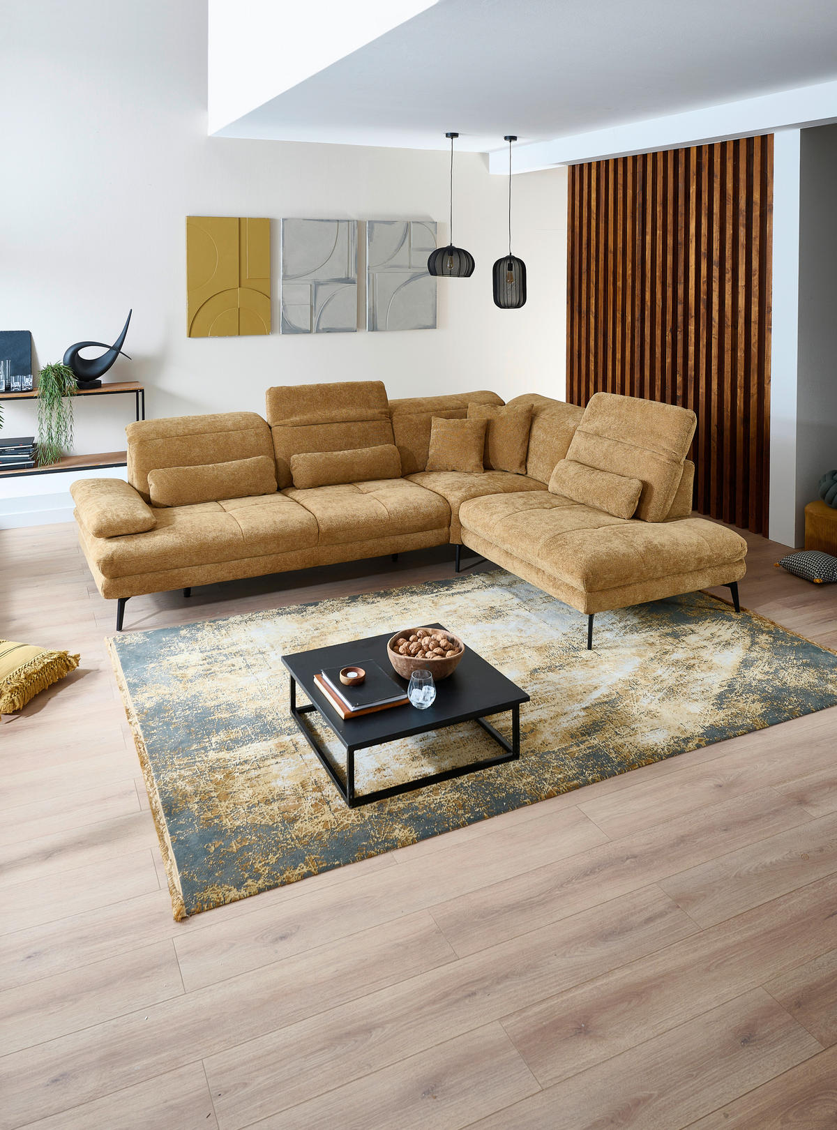 ECKSOFA Beldomo System Dunkelgelb Chenille Rücken echt, Kopfteilverstellung  - Dunkelgelb/Schwarz, Design, Textil/Metall (311/235cm) - Beldomo System