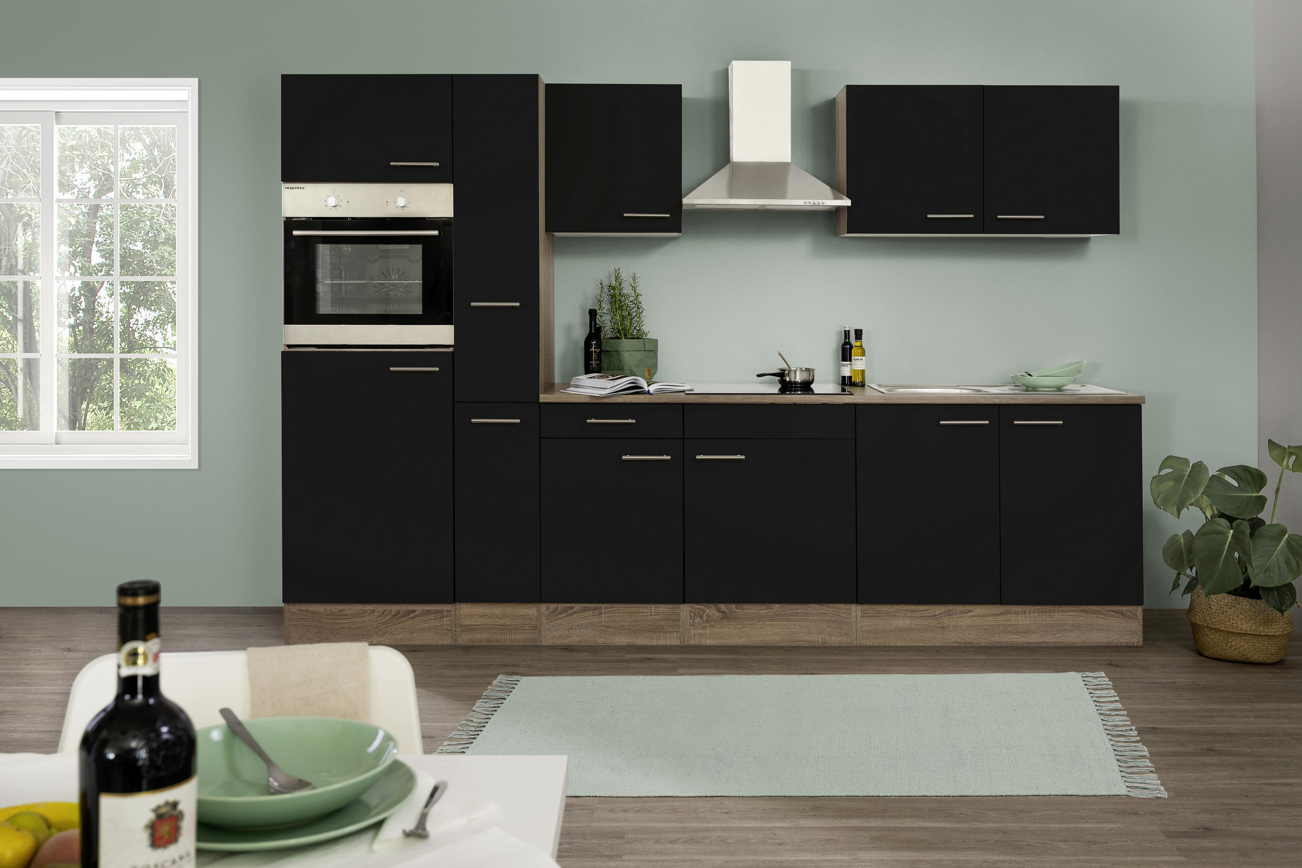 KÜCHENBLOCK 300 cm Schwarz, Eichefarben E-Geräte, Spüle, Dunstabzug, Ab- und Überlaufgarnitur - Edelstahlfarben/Eichefarben, Design, Metall (300cm) - Respekta