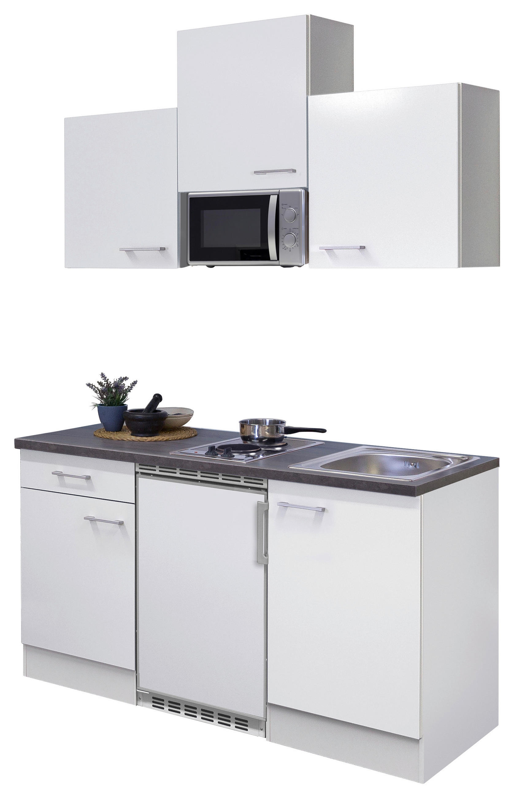 MINIKÜCHE 150,5 cm   in Weiß  - Graubraun/Alufarben, KONVENTIONELL, Holzwerkstoff/Kunststoff (150,5cm) - FlexWell