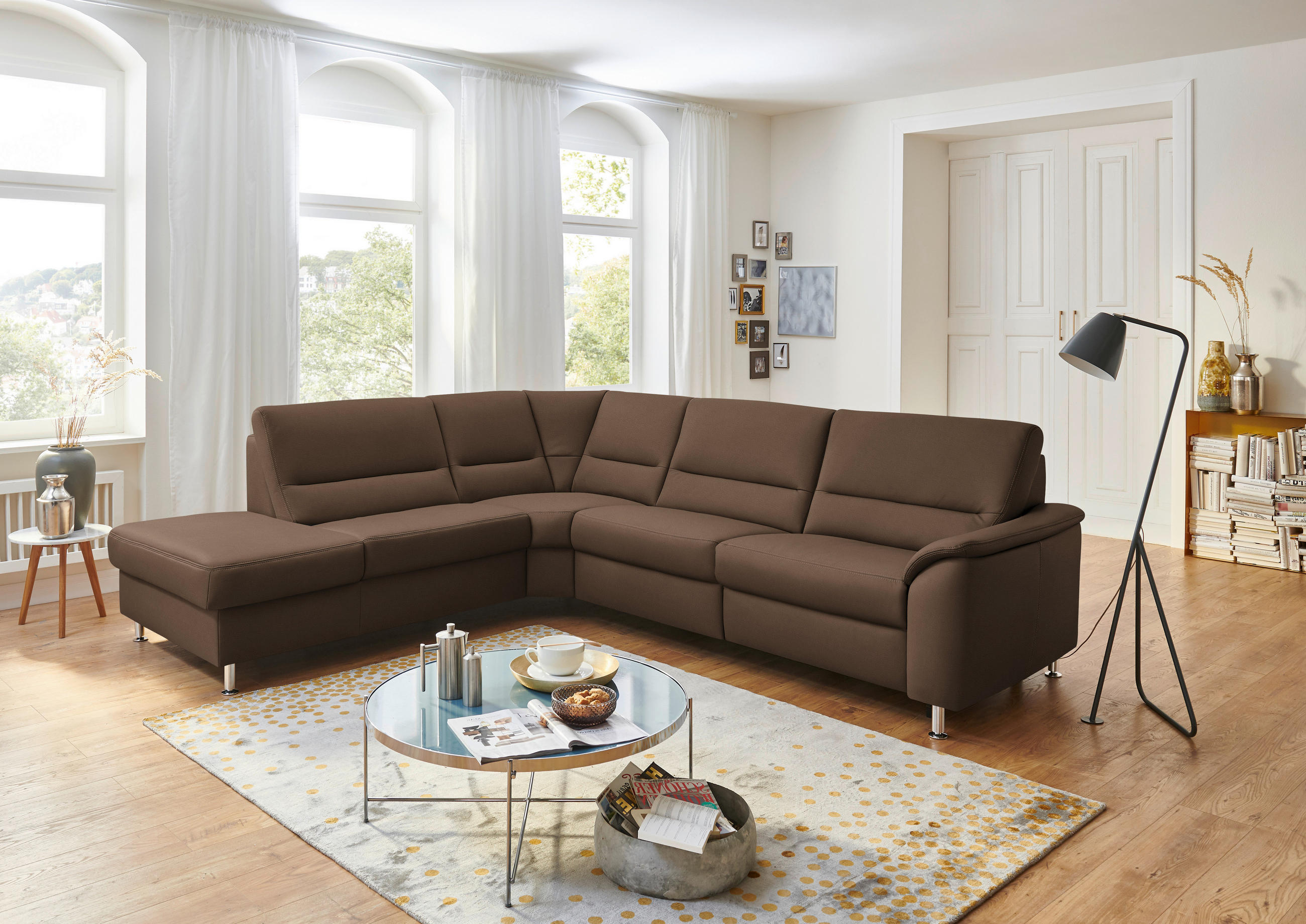 ECKSOFA in Echtleder Graubraun  - Graubraun/Alufarben, Basics, Leder/Metall (249/290cm) - Beldomo Premium