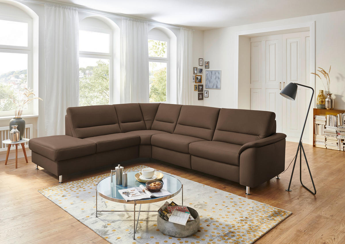 ECKSOFA in Echtleder Graubraun  - Graubraun/Alufarben, Basics, Leder/Metall (249/290cm) - Beldomo Premium