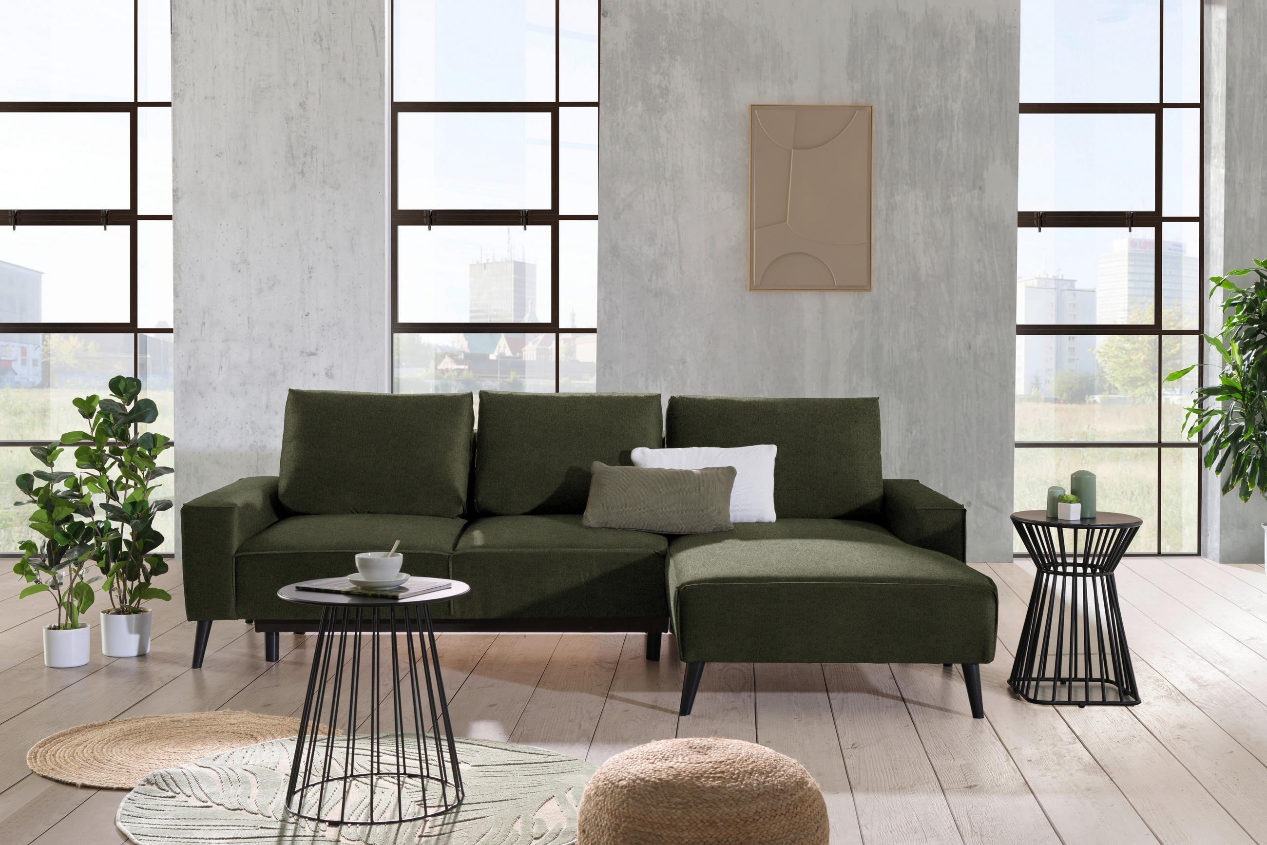 ECKSOFA in Velours Olivgrün  - Schwarz/Olivgrün, Basics, Holz/Textil (260/161cm) - Carryhome