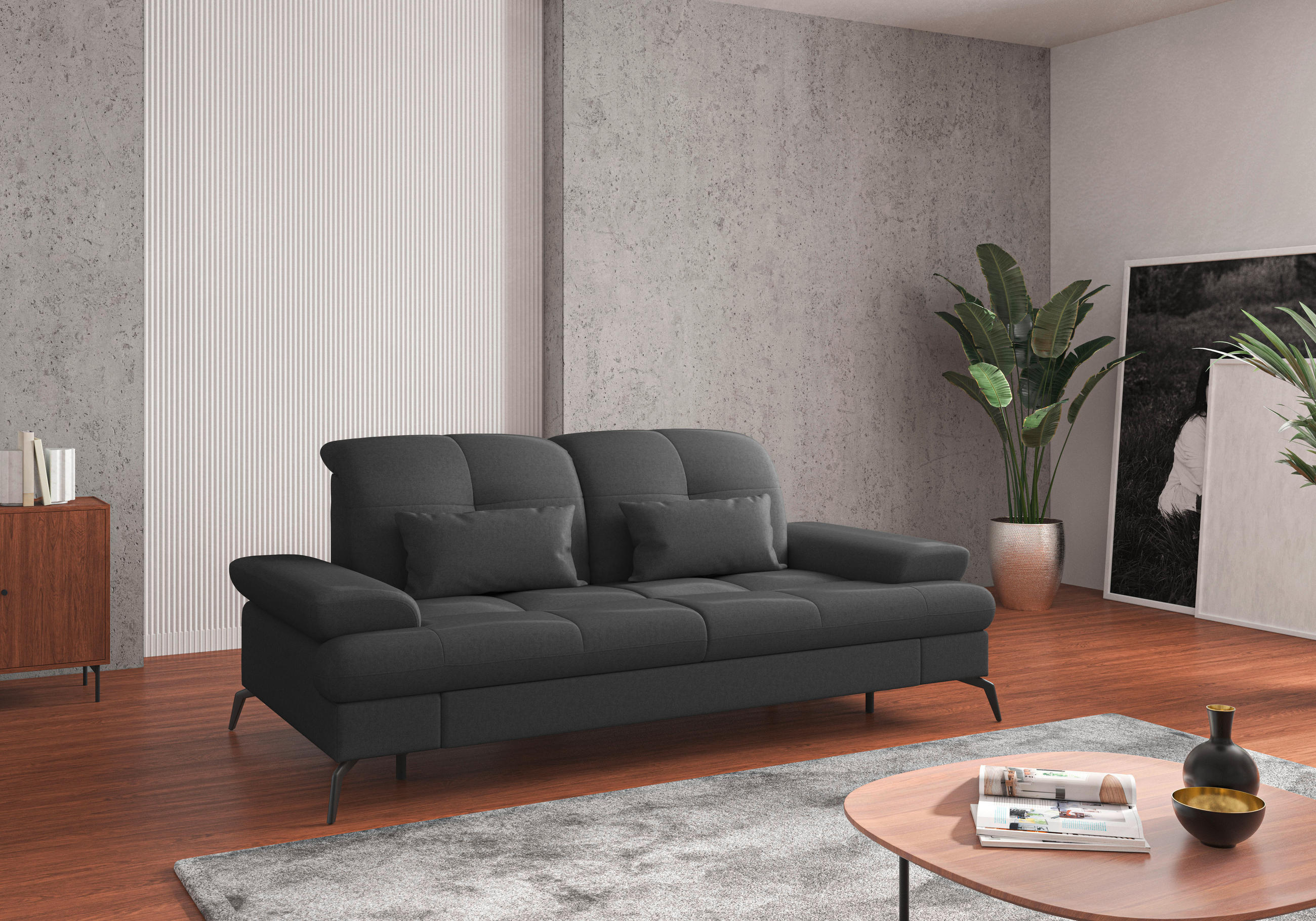 2,5-SITZER in Flachgewebe Dunkelgrau  - Dunkelgrau/Schwarz, KONVENTIONELL, Textil/Metall (202/90/122cm) - Sit & More