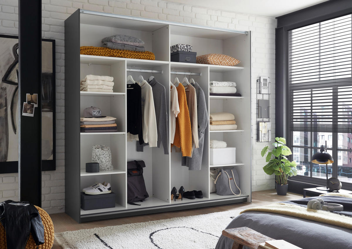 OMARA Z DRSNIMI VRATI, barve grafita, barve hrasta  - črna/barve hrasta, Moderno, kovina/leseni material (215/210/60cm) - Carryhome