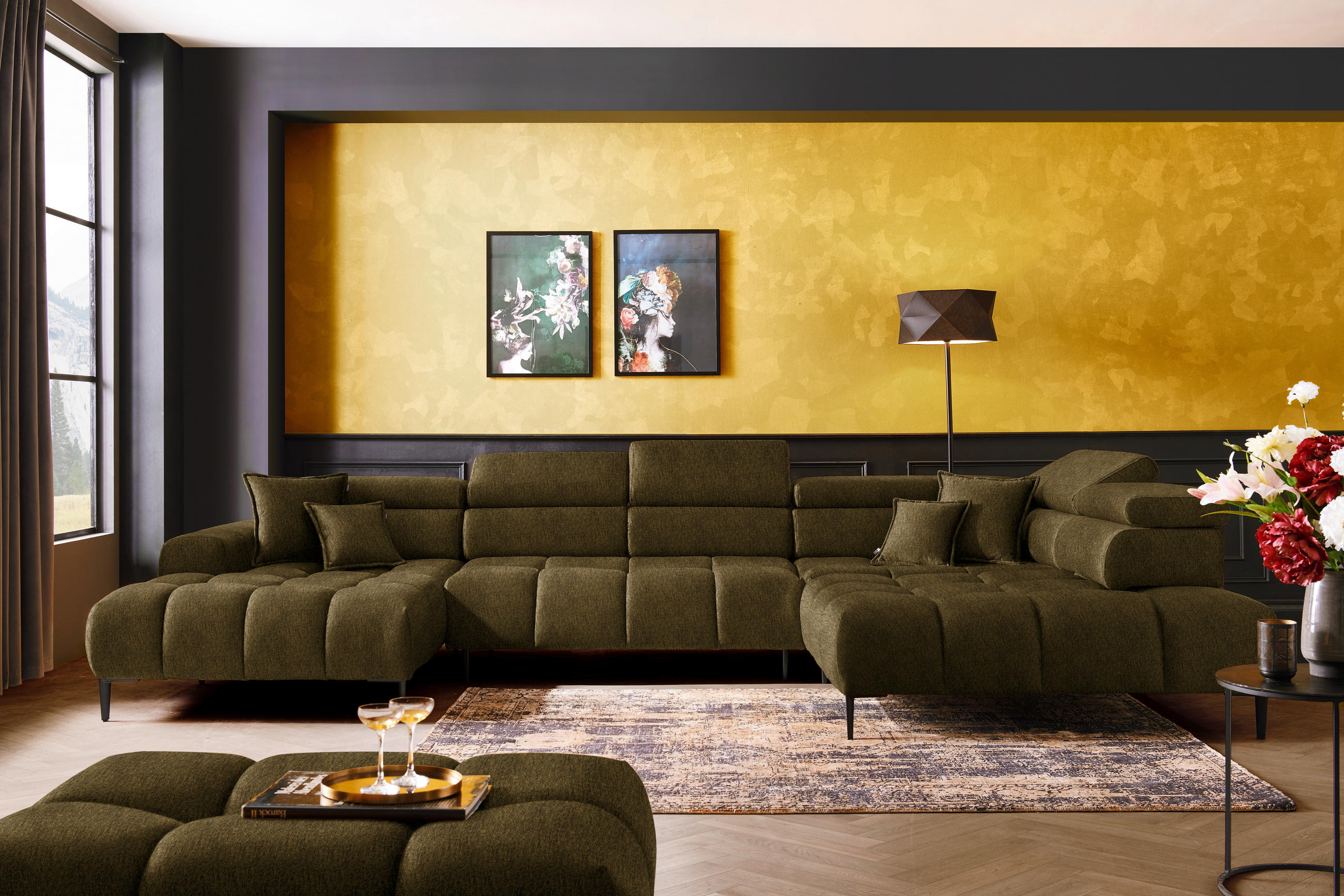 WOHNLANDSCHAFT in Samt, Webstoff Olivgrün  - Schwarz/Olivgrün, Design, Textil/Metall (177/385/216cm) - Welnova