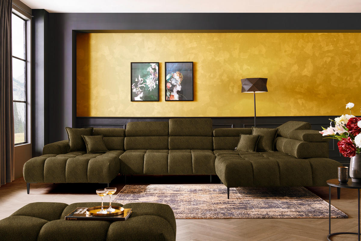 WOHNLANDSCHAFT in Samt, Webstoff Olivgrün  - Schwarz/Olivgrün, Design, Textil/Metall (177/385/216cm) - Welnova