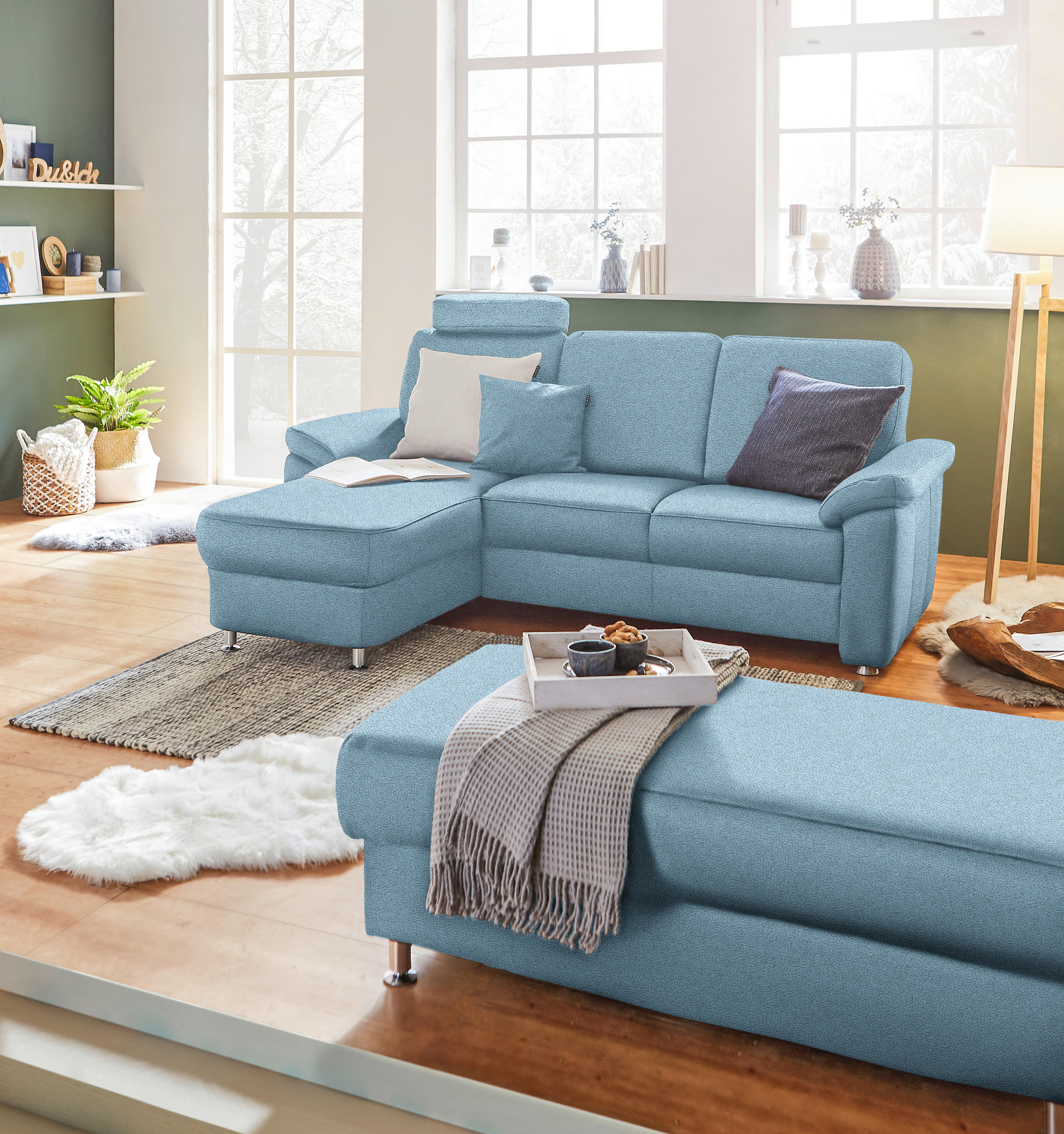 ECKSOFA in Flachgewebe Hellblau  - Chromfarben/Hellblau, Konventionell, Textil/Metall (163/220cm) - Beldomo System