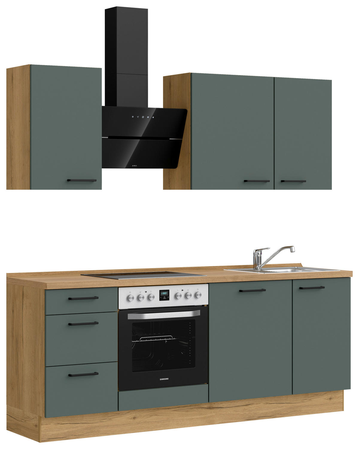 KÜCHENBLOCK 210 cm   in Eichefarben, Dunkelgrün  - Dunkelgrün/Eichefarben, MODERN, Holzwerkstoff/Metall (210cm) - Nobilia