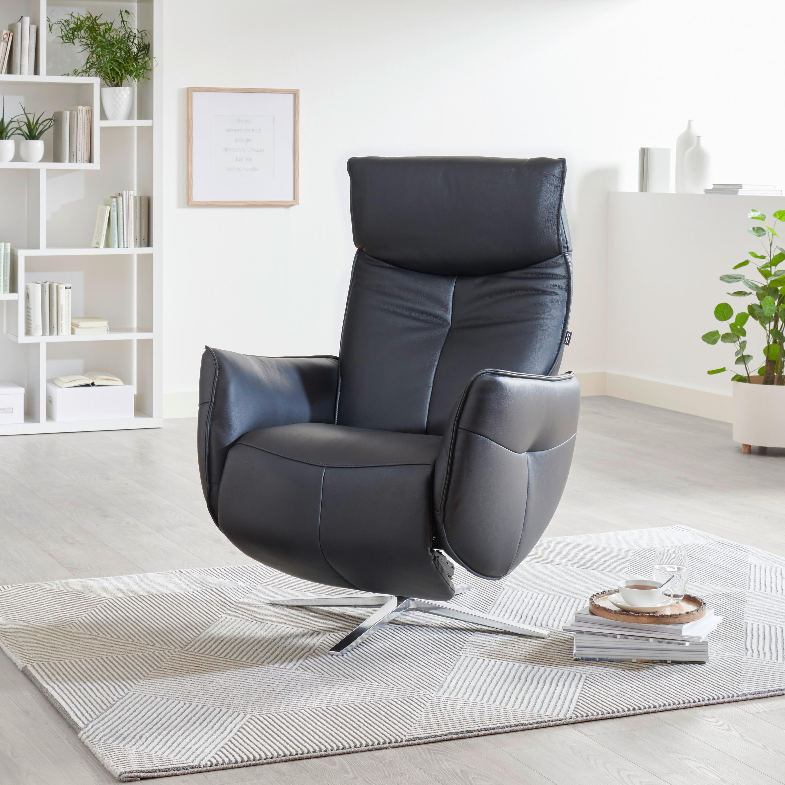 RELAXSESSEL Lederlook Kombination Echtleder/Lederlook Relaxfunktion, Kopfteilverstellung, Fußteilverstellung    - Schwarz/Alufarben, Design, Leder/Textil (83/114/85cm) - Xora