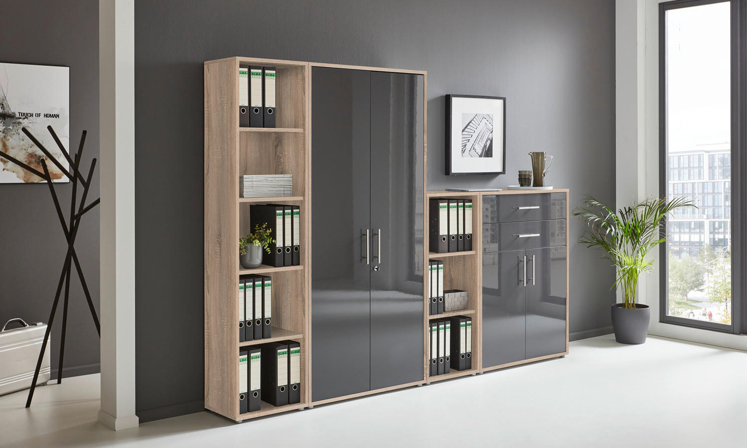 AKTENSCHRANK Sonoma Eiche, Anthrazit Hochglanz  - Anthrazit Hochglanz/Sonoma Eiche, MODERN, Holzwerkstoff (257/185,6/33cm) - MID.YOU