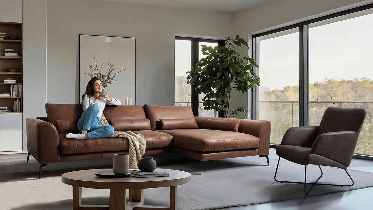 ECKSOFA in Echtleder Braun  313/172 cm  - Schwarz/Braun, Design, Leder/Metall (313/172cm) - Livetastic