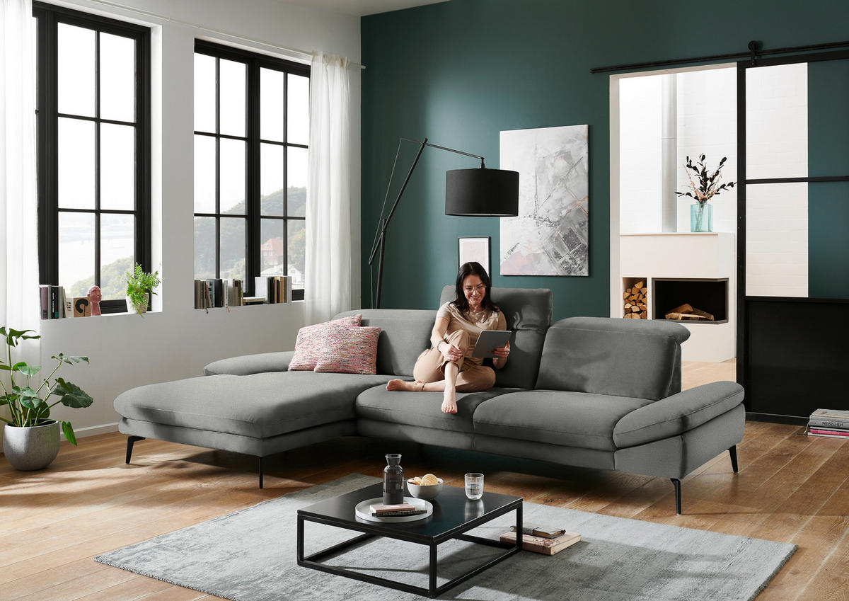 ECKSOFA in Chenille Grau  - Schwarz/Grau, Design, Textil/Metall (188/319cm) - Beldomo System