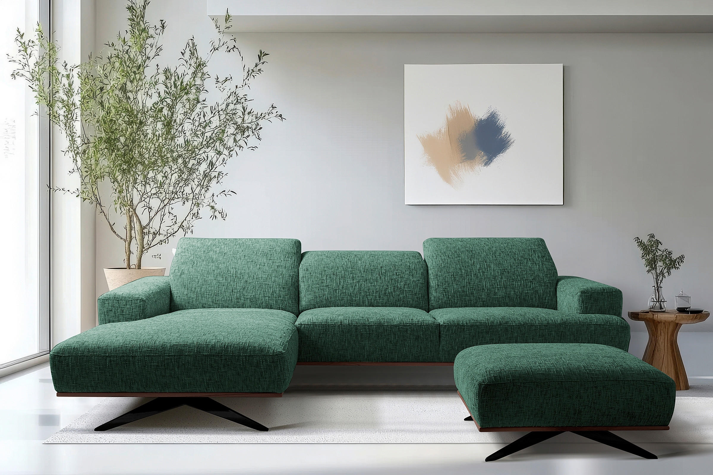 ECKSOFA PORTLAND in Struktur Grün Kopfteilverstellung  187/295 cm  - Schwarz/Grün, Design, Holz/Textil (187/295cm) - Livetastic