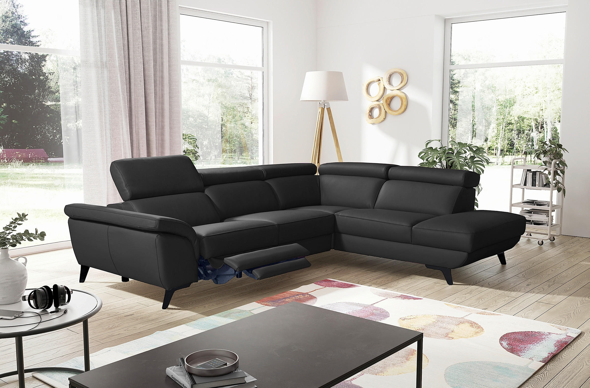 ECKSOFA DALLAS in Echtleder Schwarz  283/228 cm  - Schwarz, Design, Leder/Metall (283/228cm) - Livetastic
