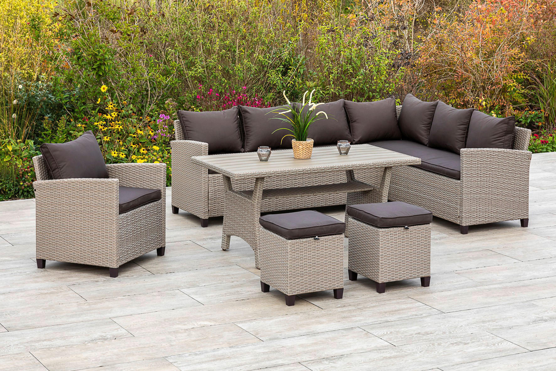 ZAHRADNÍ SEDACÍ SOUPRAVA 18dílné, kov, plast, textil - tmavě hnědá/přírodní barvy, Konvenční, kov/textil (239/170cm) - Gardenson