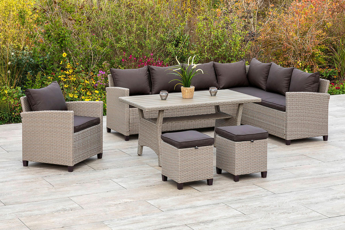TERASOVÁ SEDACIA SÚPRAVA 18-dielne, kov, plast, textil - prírodná farba/tmavohnedá, Konventionell, kov/textil (239/170cm) - Gardenson