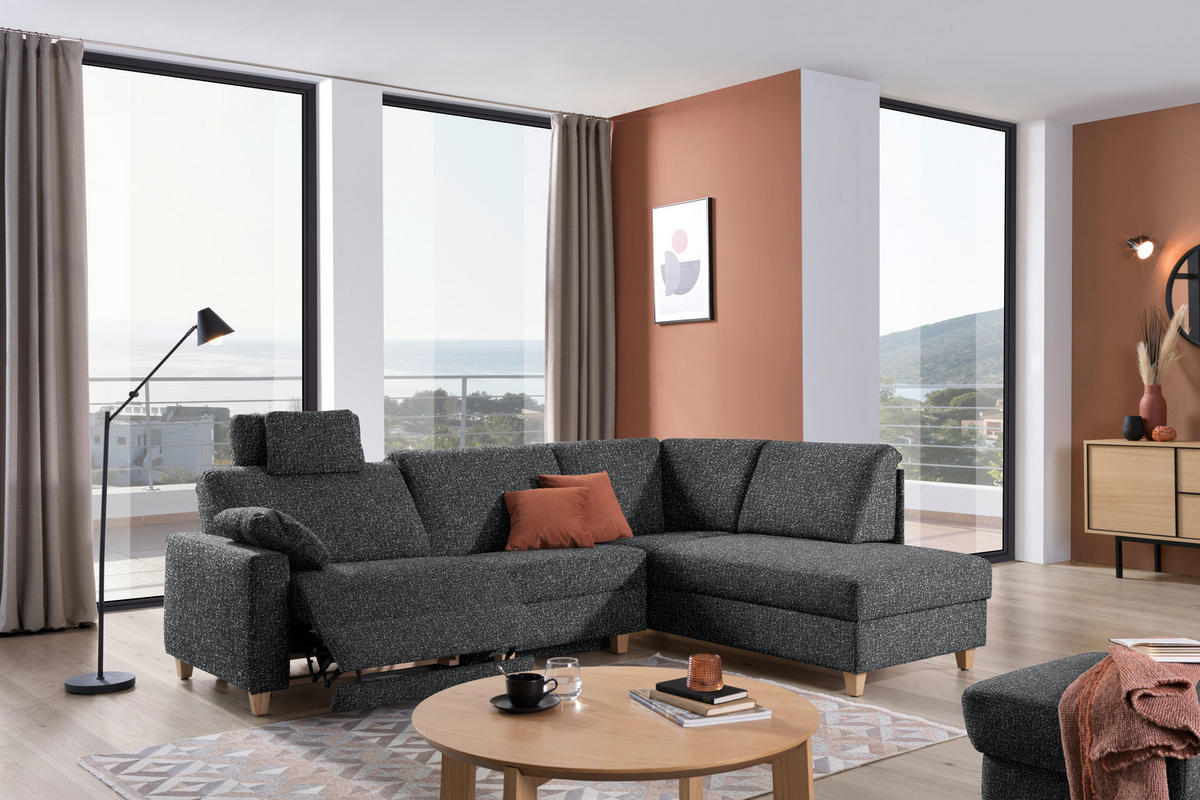 ECKSOFA  in Mikrovelours Anthrazit  261/203 cm  - Eichefarben/Anthrazit, KONVENTIONELL, Holz/Textil (261/203cm) - Sedda