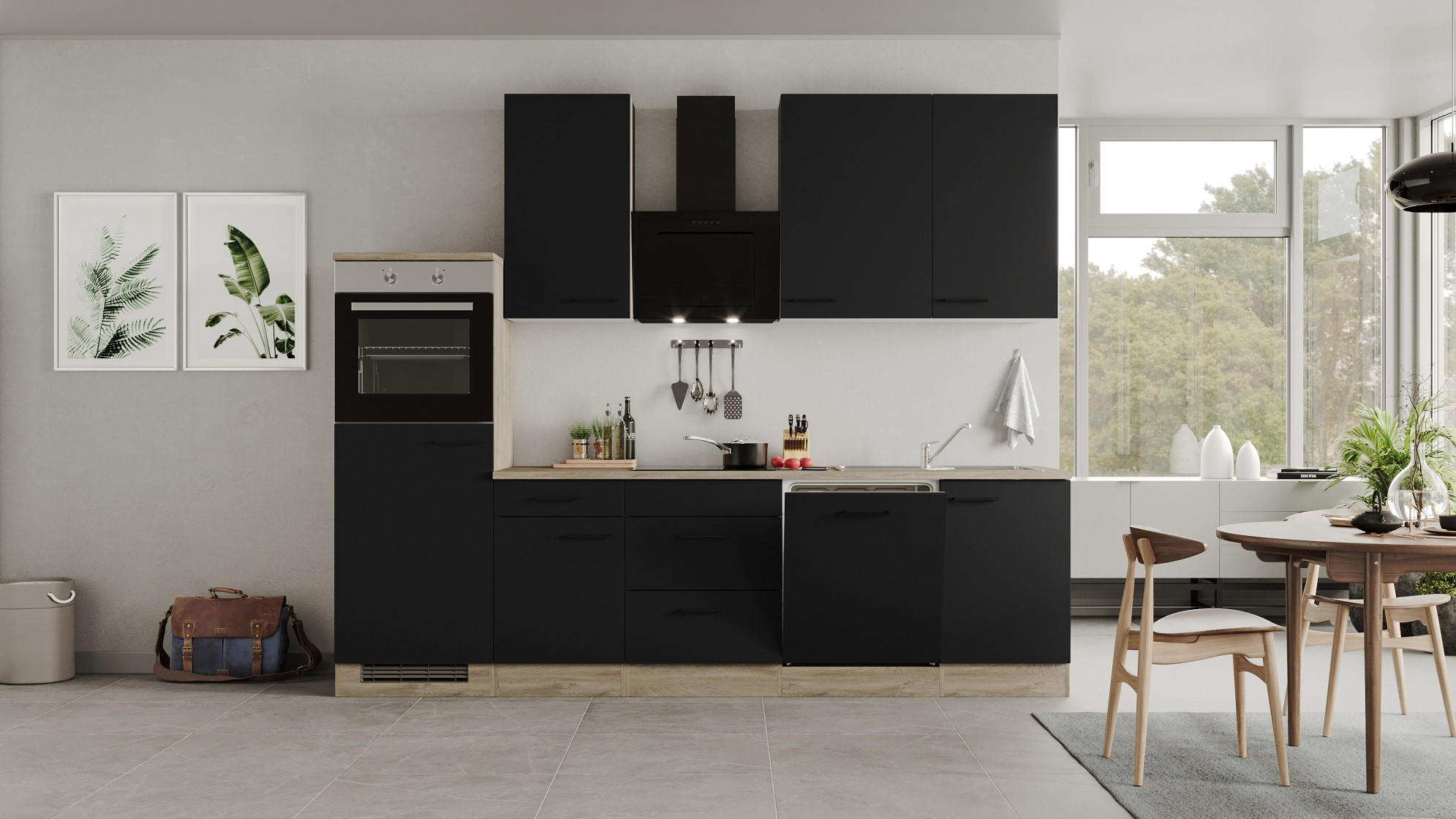 KÜCHENBLOCK 280 cm in Schwarz, Eichefarben - Eichefarben/Schwarz, KONVENTIONELL, Holzwerkstoff/Metall (280cm) - FlexWell
