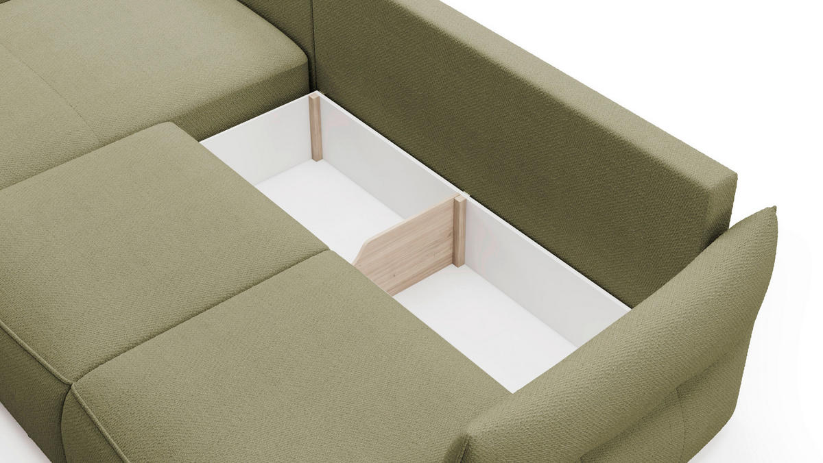 ECKSOFA Olivgrün Webstoff Rückenkissen, Bettkasten, Schlaffunktion, Rücken echt, Liegefläche im Originalstoff  - Schwarz/Olivgrün, KONVENTIONELL, Kunststoff/Textil (179/306cm) - Milino