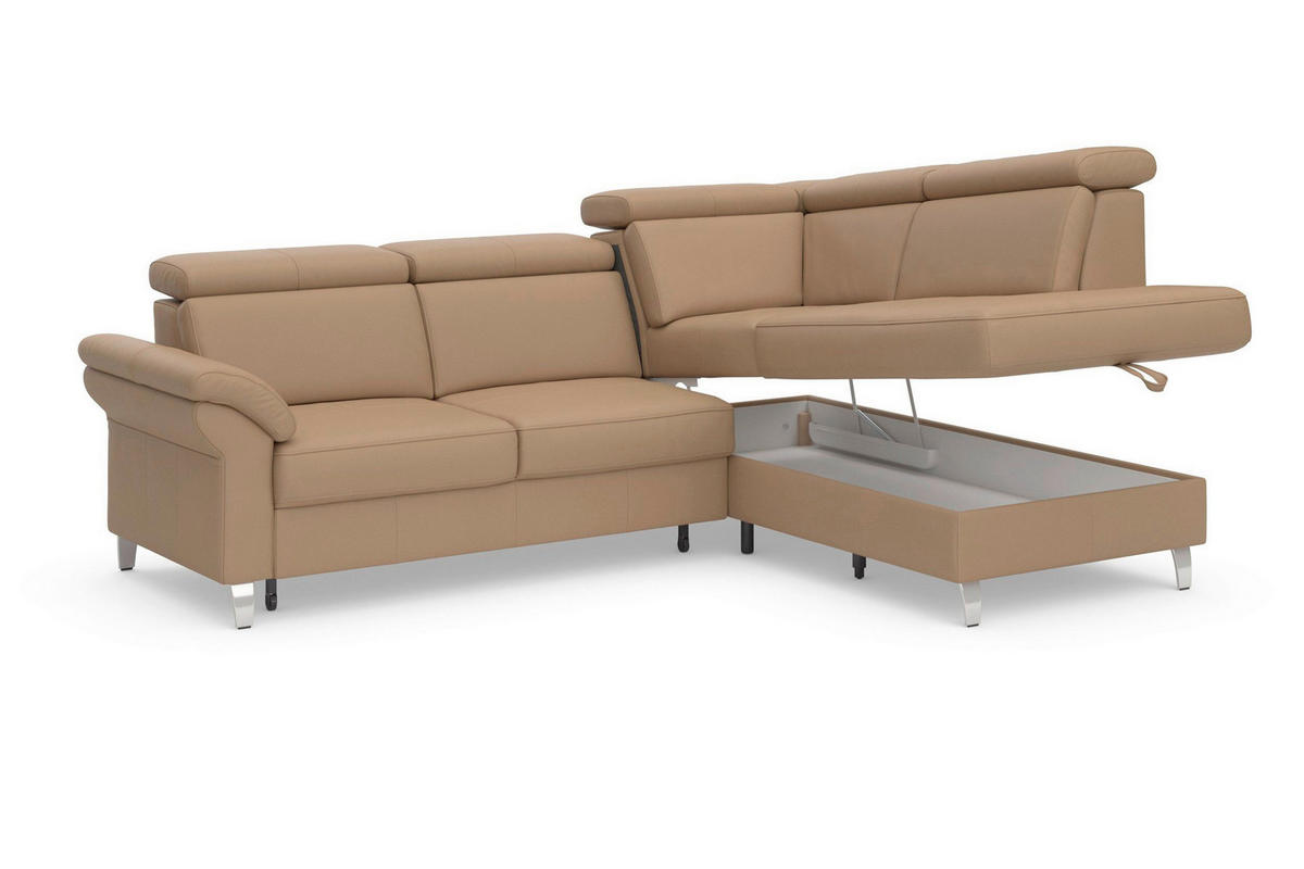 ECKSOFA 245/194 cm ARNGAST E in Mikrofaser Kombination Echtleder/Stoff Cappuccino Bettkasten, Kopfteilverstellung  245/194 cm  - Chromfarben/Cappuccino, Basics, Leder/Textil (245/194cm) - Sit & More