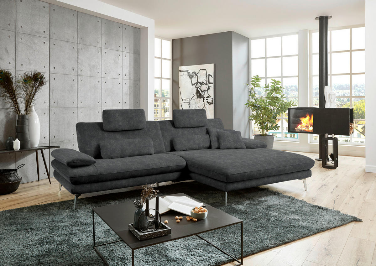 ECKSOFA in Velours Anthrazit  - Anthrazit/Schwarz, Design, Textil/Metall (284/184cm) - Dieter Knoll
