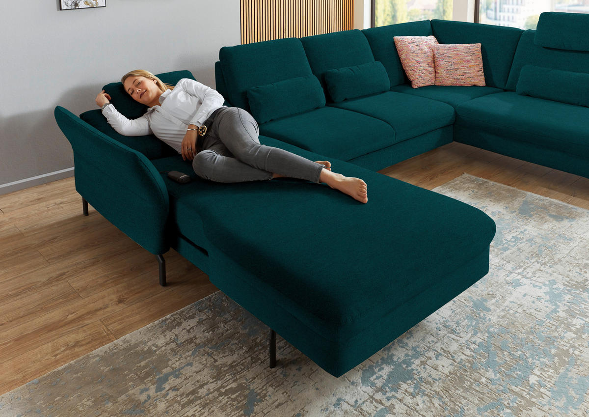 WOHNLANDSCHAFT in Velours Petrol  - Petrol/Schwarz, Design, Textil/Metall (179/335/220cm) - Beldomo System