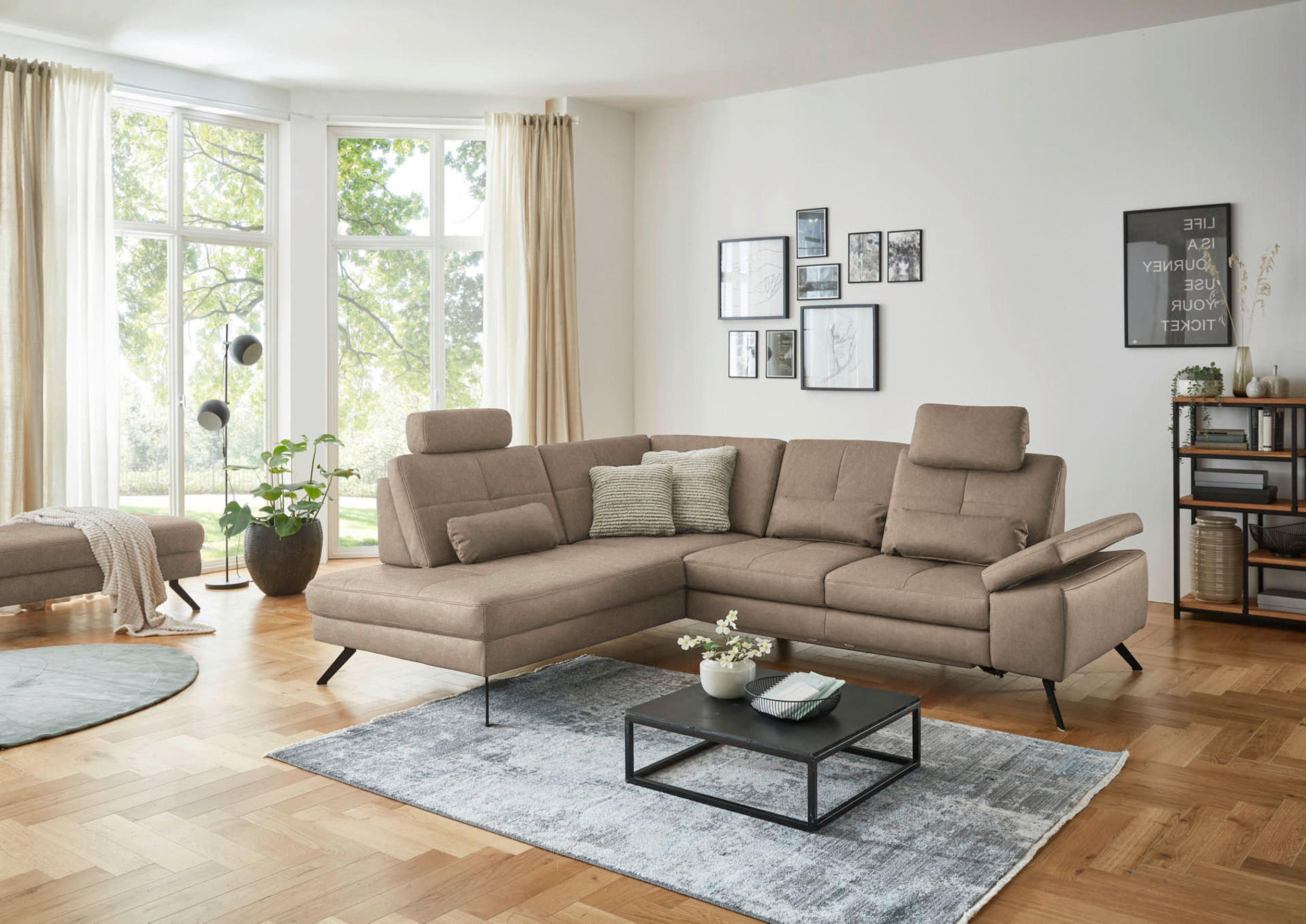 ECKSOFA in Lederlook, Mikrofaser Hellbraun  - Hellbraun/Schwarz, Design, Textil/Metall (194/261cm) - Beldomo System