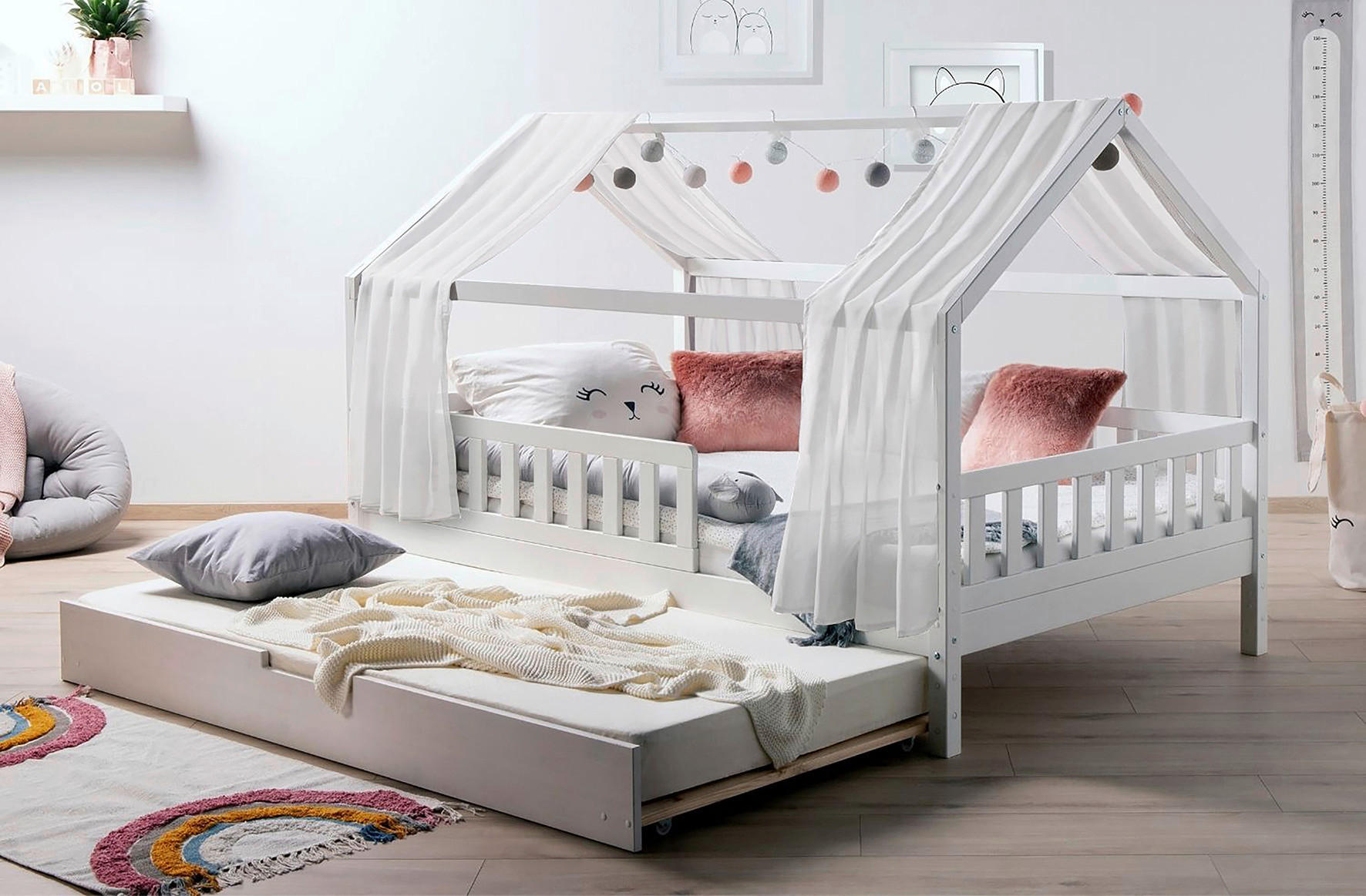 HAUSBETT 100/200 cm,  in Weiß  - Naturfarben/Weiß, MODERN, Holz/Textil (100/200cm) - MID.YOU