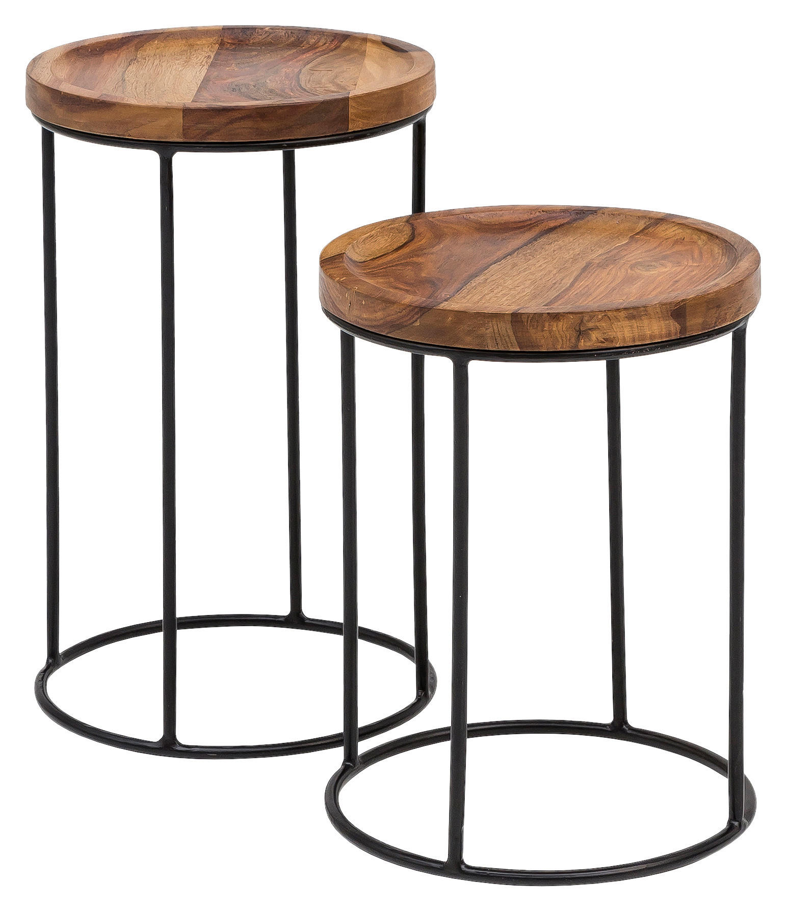 Beistelltisch mit Holzplatte Rund 2-er Set Sheesham/Schwarz