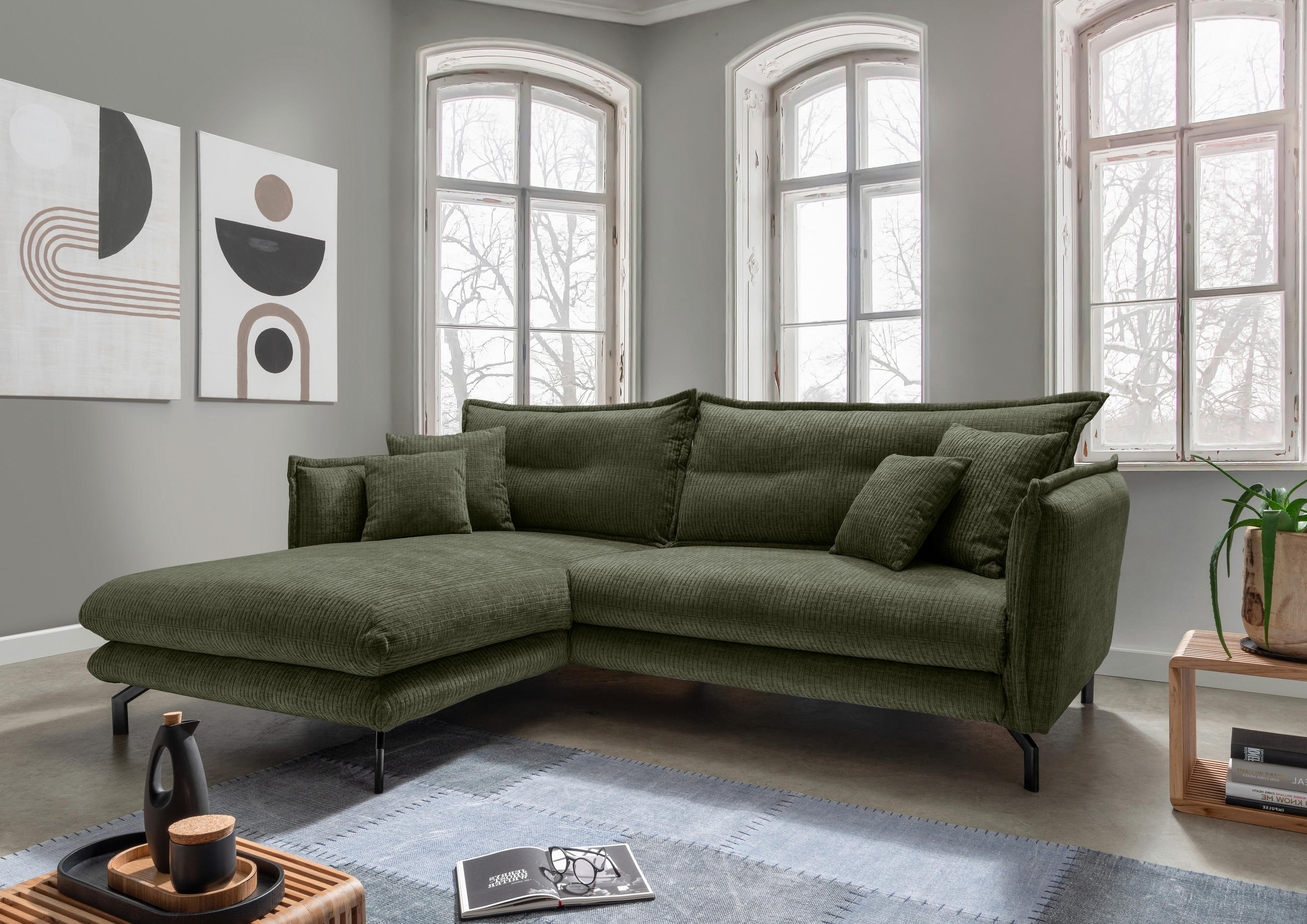 ECKSOFA Olivgrün Velours  - Schwarz/Olivgrün, Design, Textil/Metall (180/255cm) - Livetastic