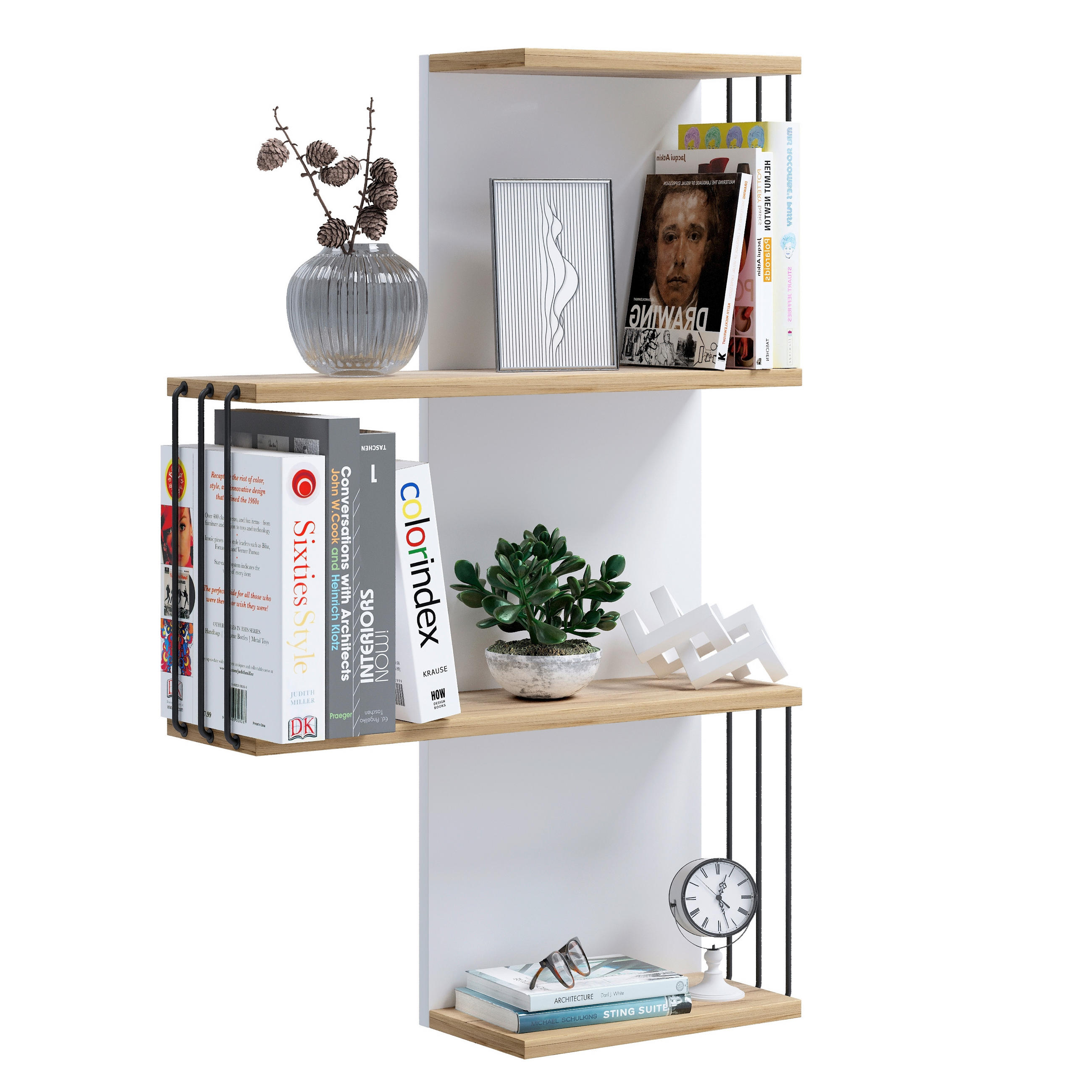 Poliță De Perete 68/98/19 cm, alb, culoare lemn stejar  - alb/culoare lemn stejar, Design, material pe bază de lemn (68/98/19cm) - Livetastic