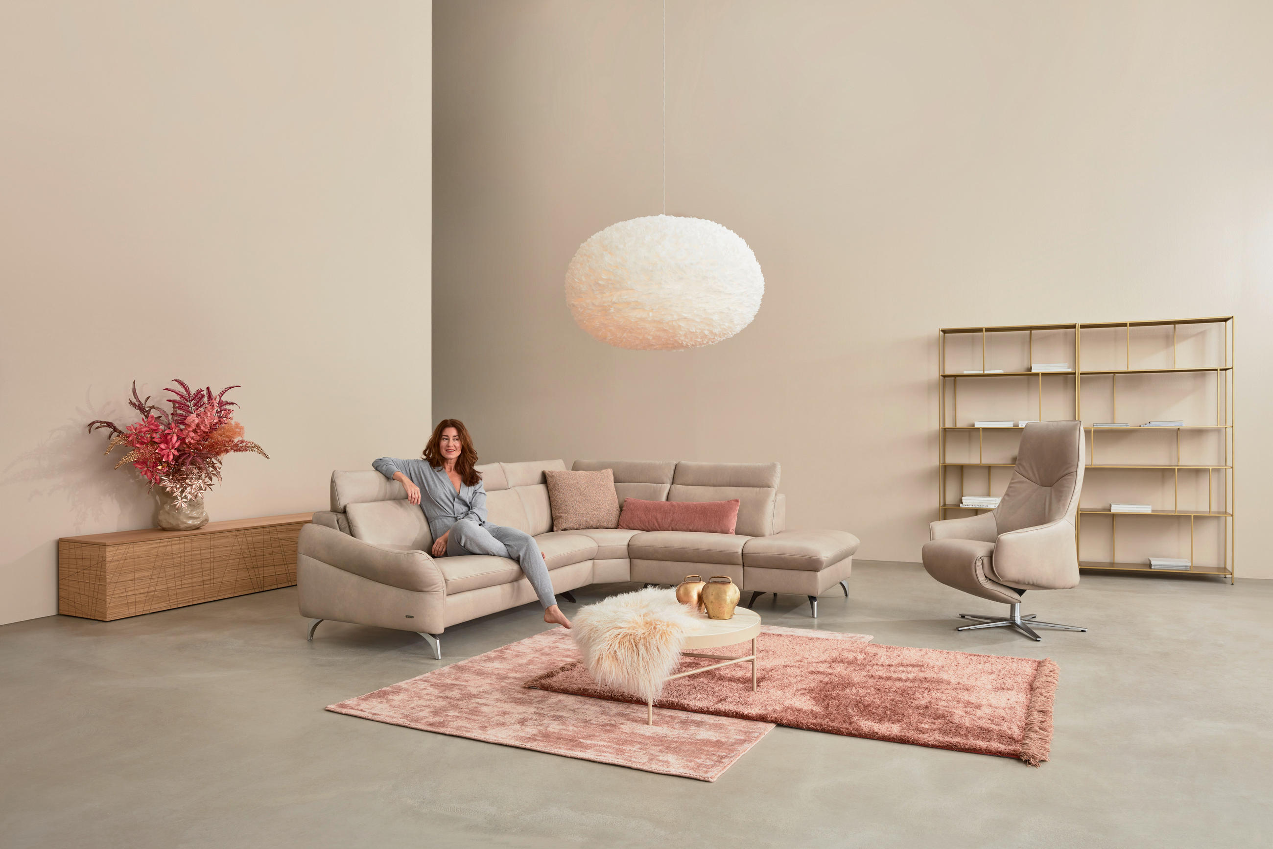 ECKSOFA in Echtleder Creme  - Edelstahlfarben/Creme, Konventionell, Leder/Metall (292/243cm) - Himolla Komfortklass
