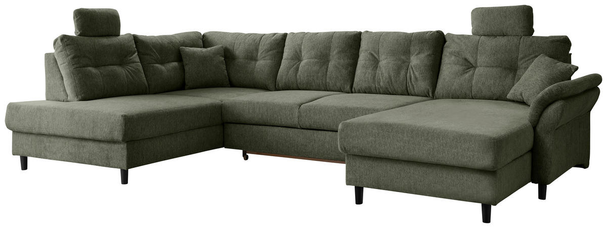 WOHNLANDSCHAFT in Chenille Dunkelgrün  - Dunkelgrün/Schwarz, Modern, Holz/Textil (206/338/176cm) - Livetastic