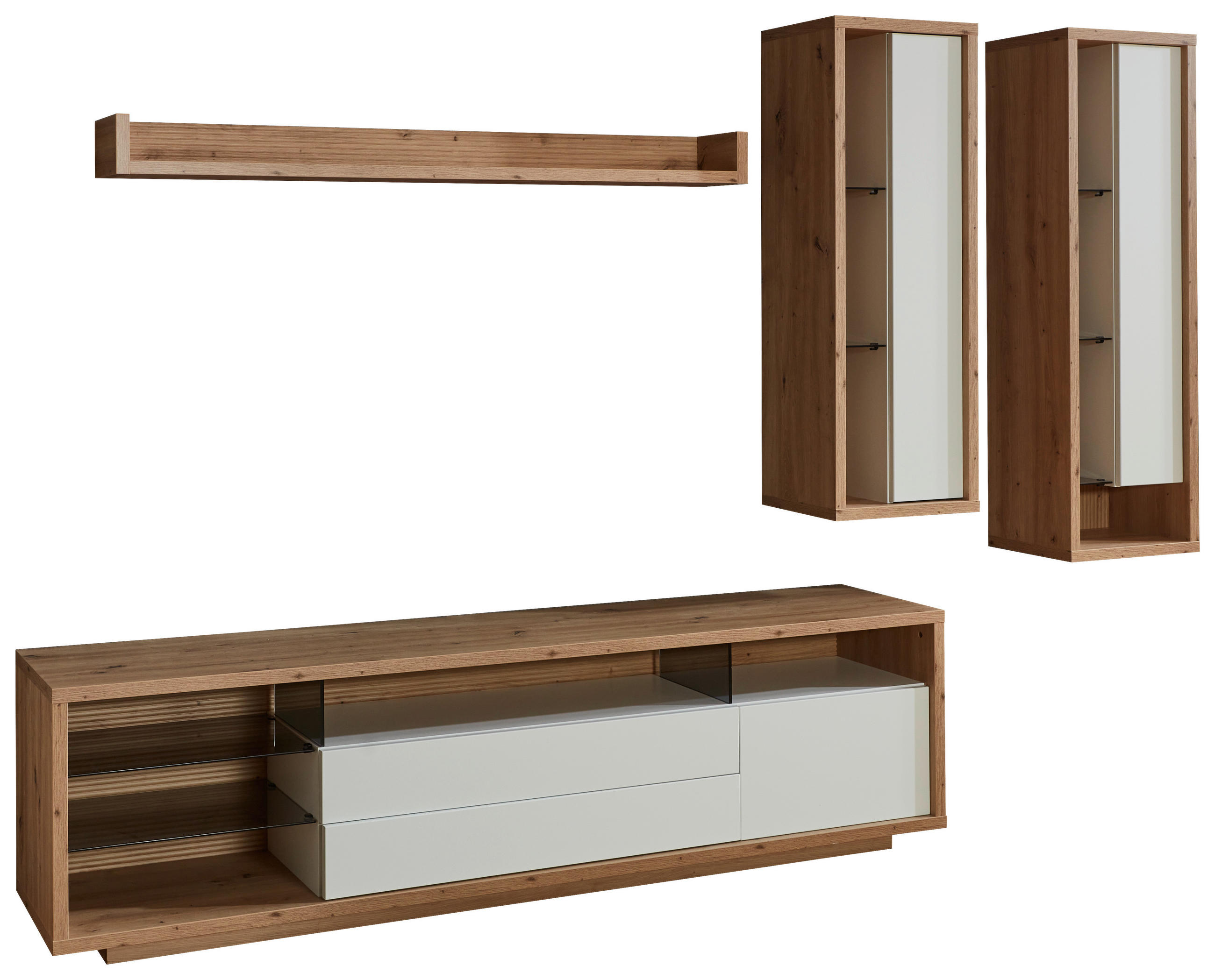 WOHNWAND  in Weiß, Eiche Artisan  300/183,6/42 cm  - Weiß/Eiche Artisan, Design, Glas/Holzwerkstoff (300/183,6/42cm) - Stylife
