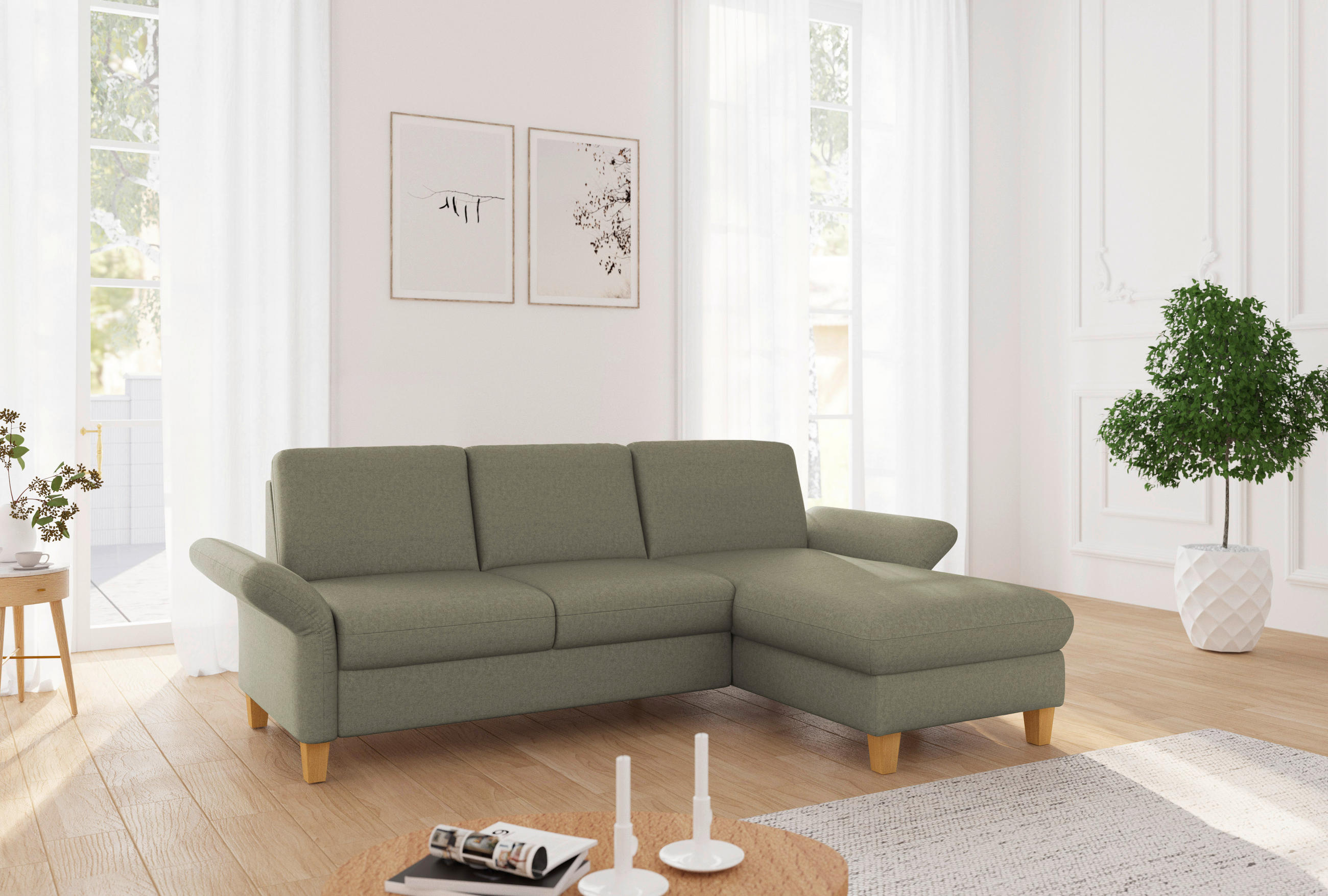 ECKSOFA ROCHELLE E Olivgrün Flachgewebe  - Eichefarben/Olivgrün, KONVENTIONELL, Holz/Textil (251/164cm) - Sit & More