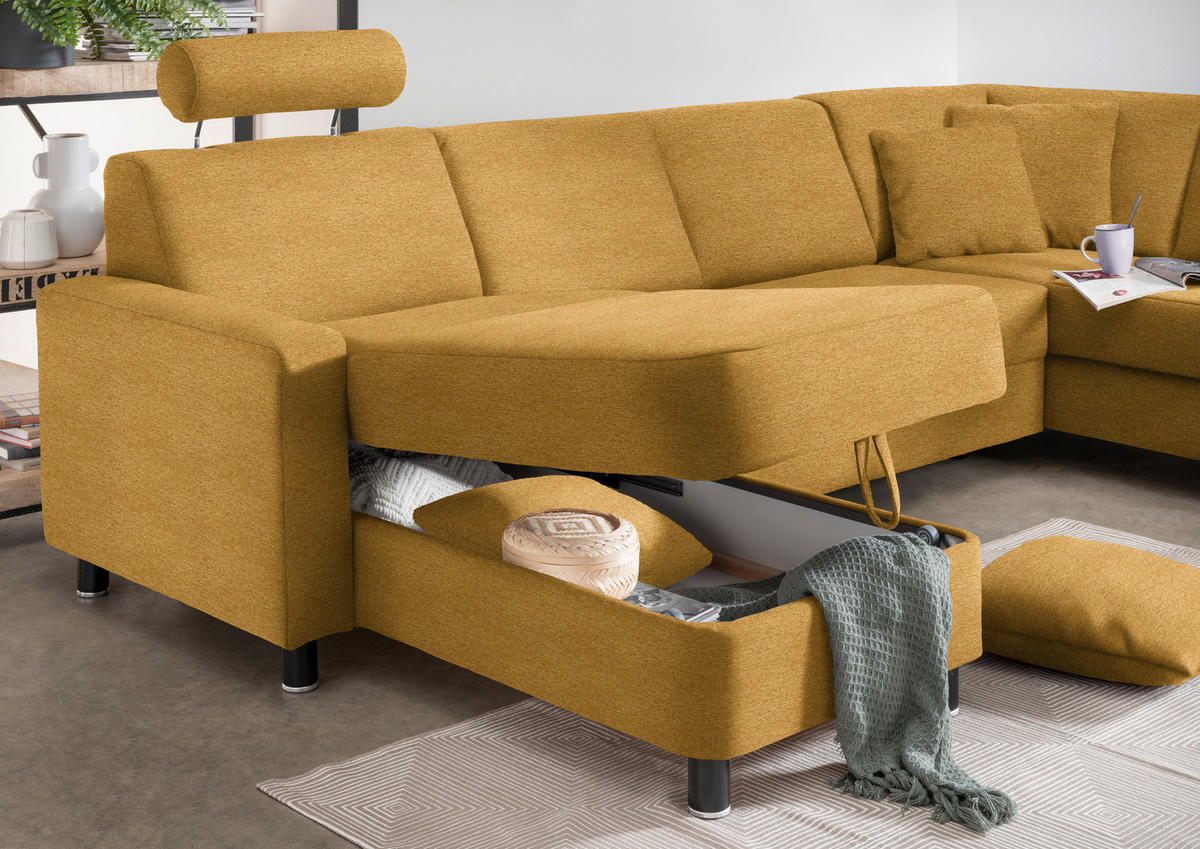 WOHNLANDSCHAFT in Webstoff Honig  - Schwarz/Honig, Design, Holz/Textil (165/296/198cm) - Xora