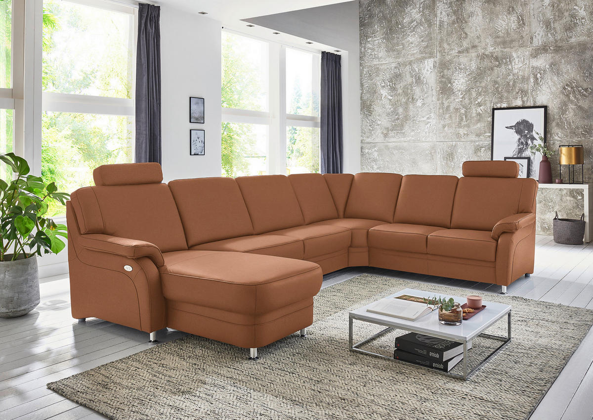 WOHNLANDSCHAFT Echtleder Cognac  - Cognac/Alufarben, Konventionell, Leder/Metall (165/329/239cm) - Beldomo Premium