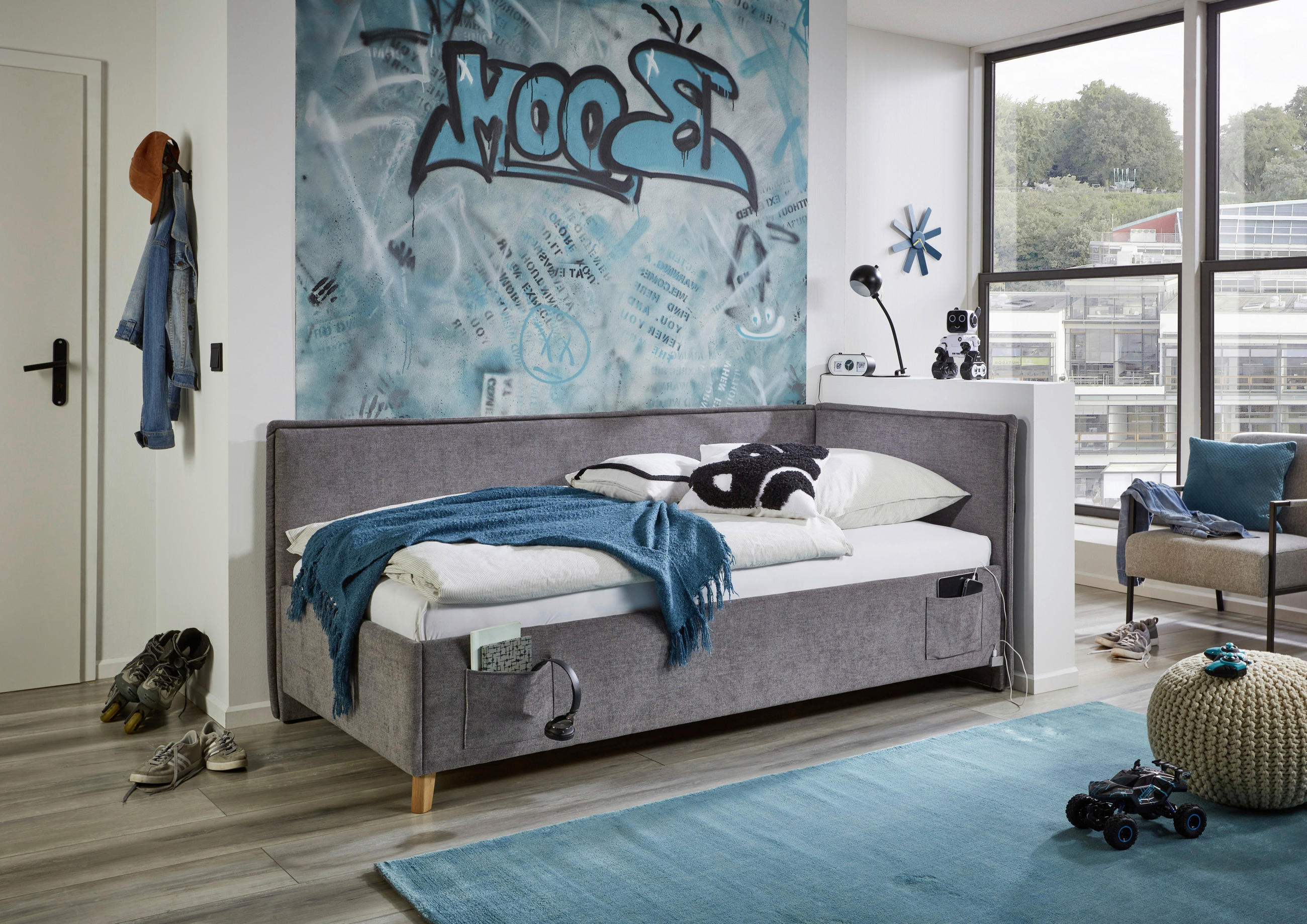 POLSTERLIEGE Flachgewebe Grau  - Eichefarben/Birkefarben, KONVENTIONELL, Holz/Textil (90/200cm) - Stylife