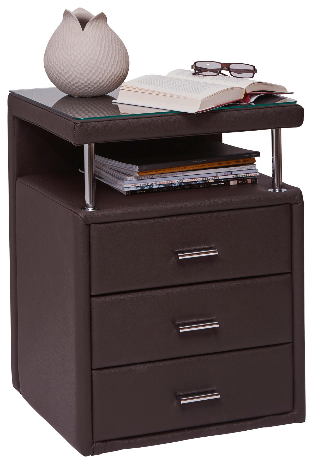 NACHTKÄSTCHEN 51/66/42 cm  in Braun  - Chromfarben/Braun, KONVENTIONELL, Glas/Leder (51/66/42cm) - Dieter Knoll