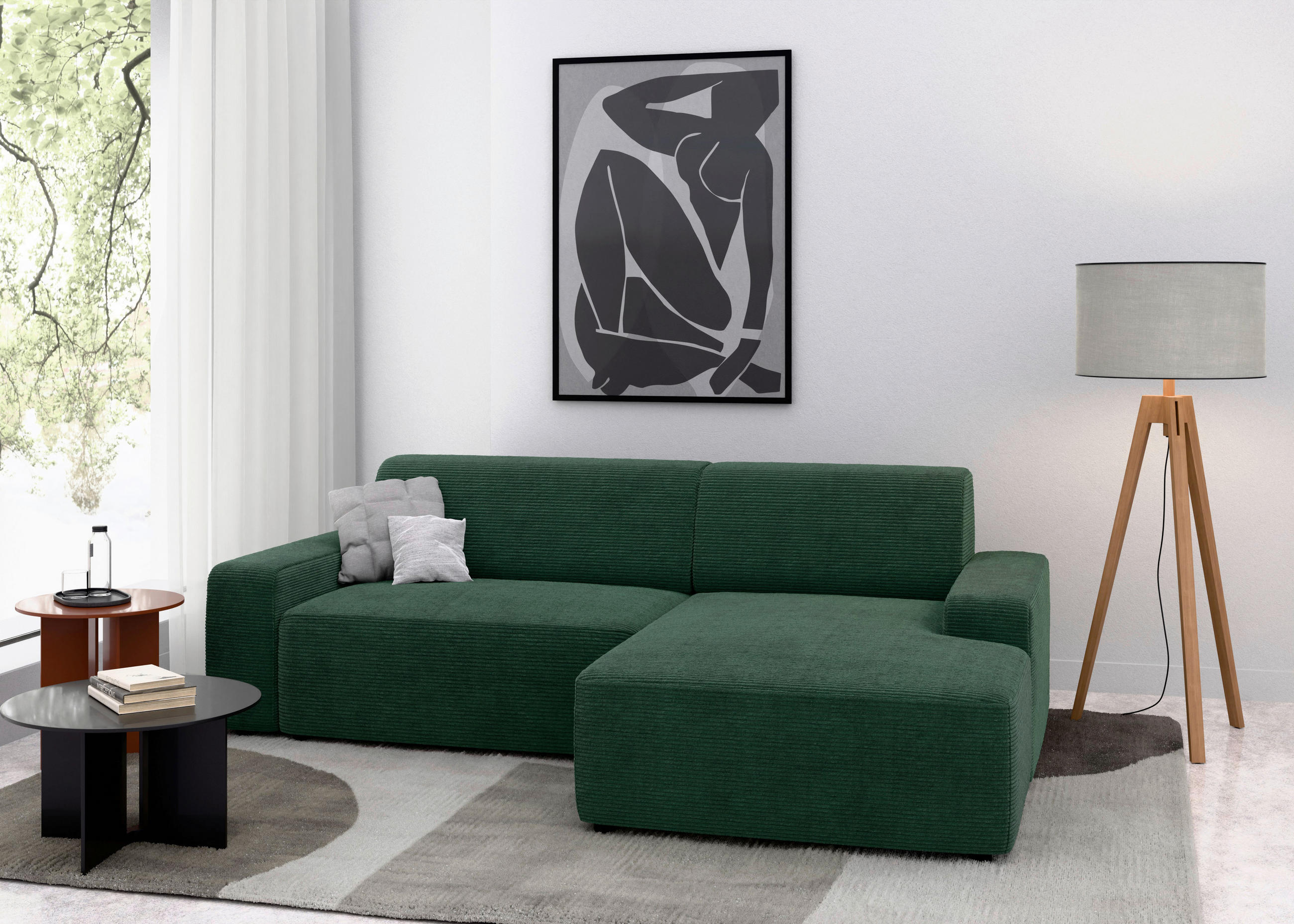 ECKSOFA in Cord Dunkelgrün - Dunkelgrün/Schwarz, Modern, Kunststoff/Textil (246/162cm) - Trendmanufaktur