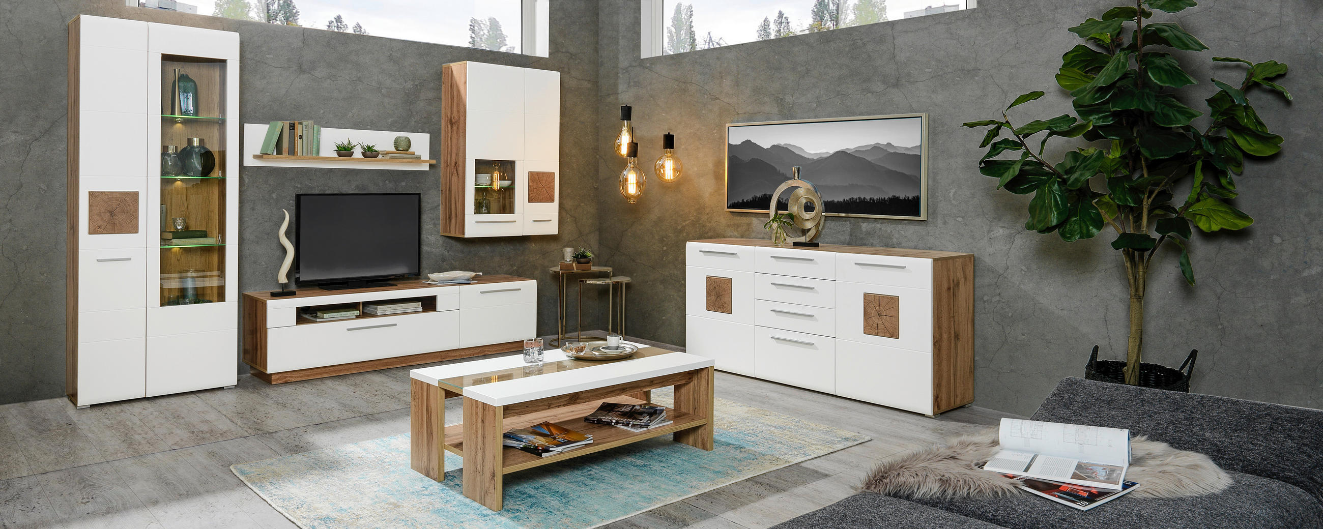 Thumbnail - Hom`in Wohnwand, Weiß, Eiche, Kunststoff, Holzböden: 11, Glasboden: 4 Fächer, 1 Schubladen, 300x202x46 cm, Beimöbel erhä...