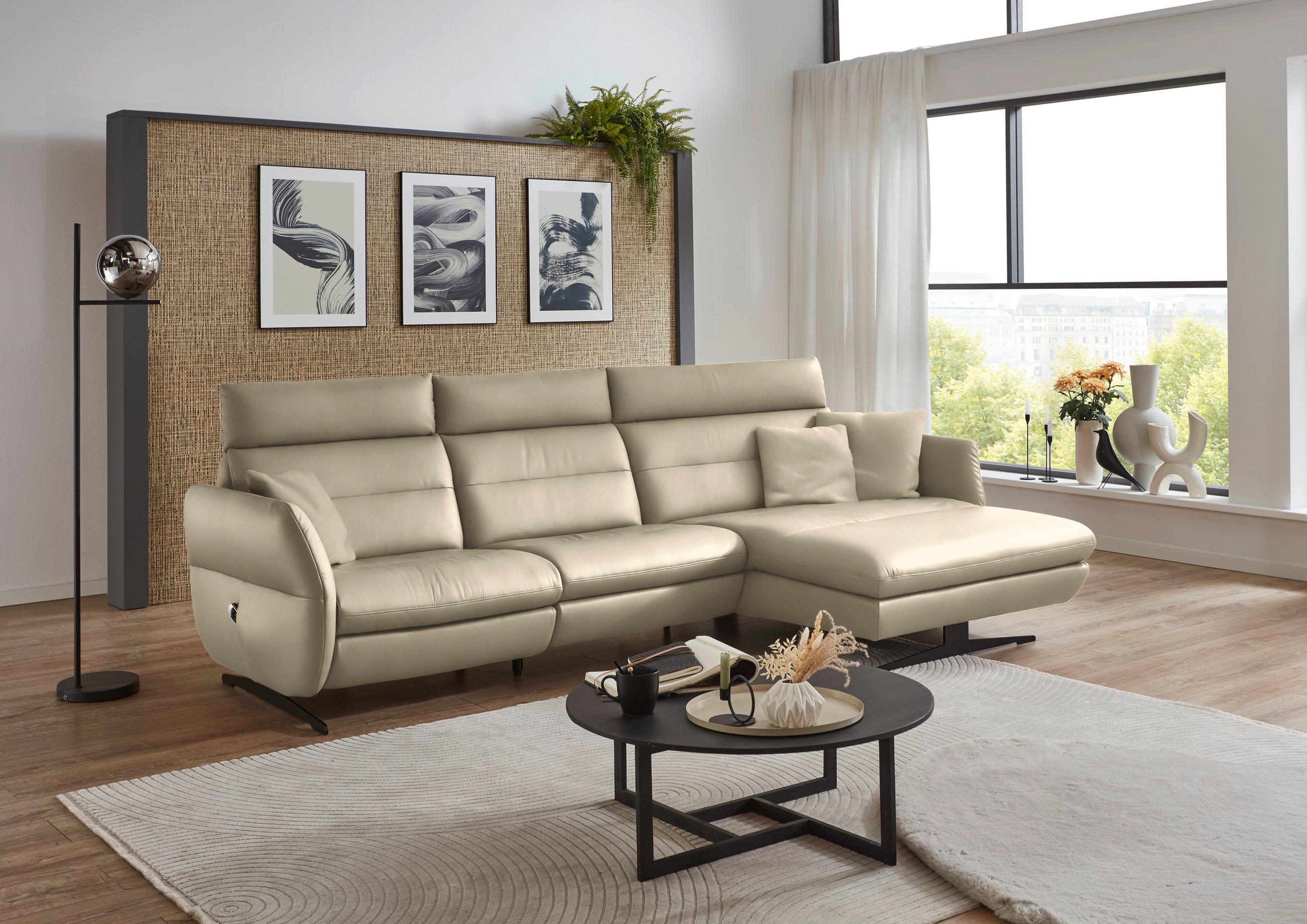 ECKSOFA in Echtleder Ecru  - Ecru/Schwarz, Design, Leder/Metall (300/157cm) - Dieter Knoll