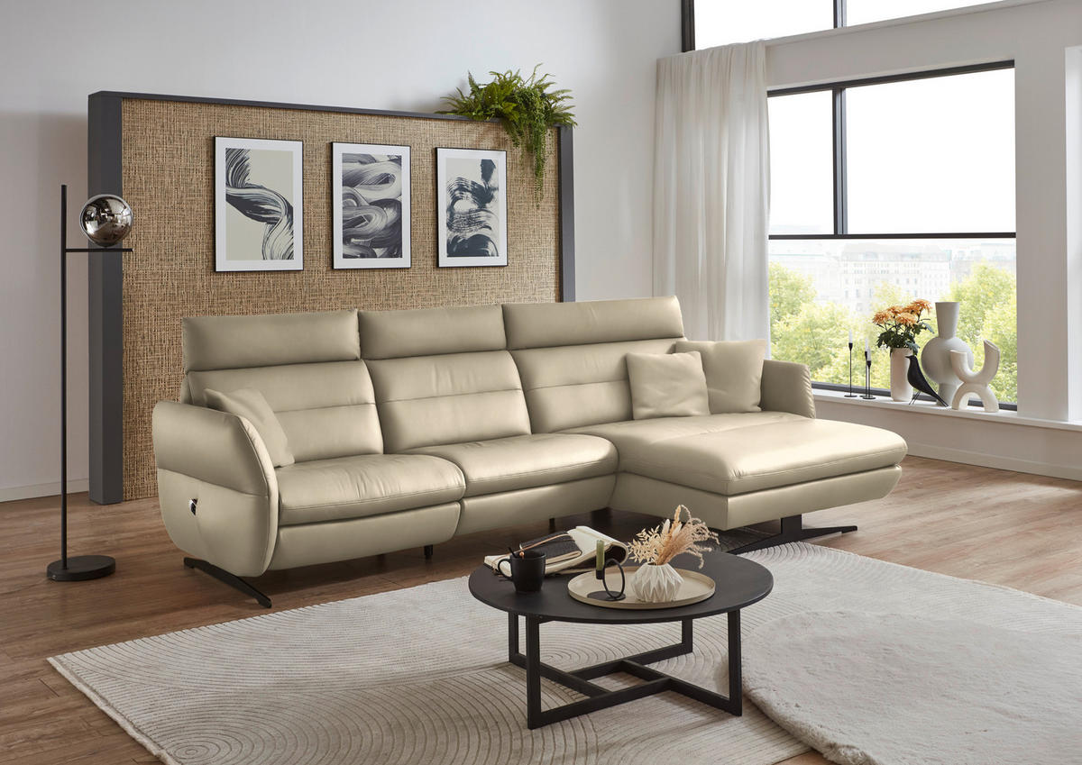 ECKSOFA in Echtleder Ecru  - Ecru/Schwarz, Design, Leder/Metall (300/157cm) - Dieter Knoll