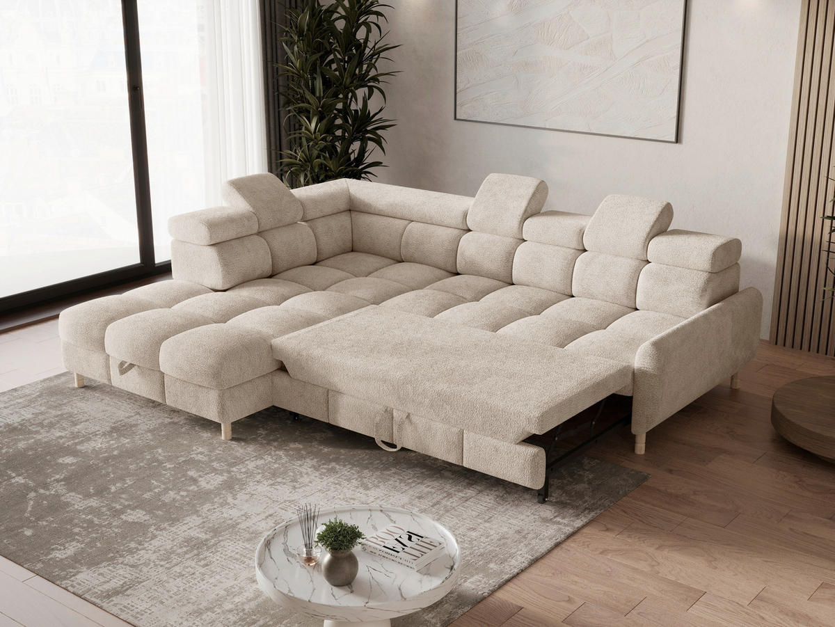 ECKSOFA BUN in Bouclé Beige  - Elfenbein/Beige, Design, Holz/Textil (209/276cm) - MID.YOU
