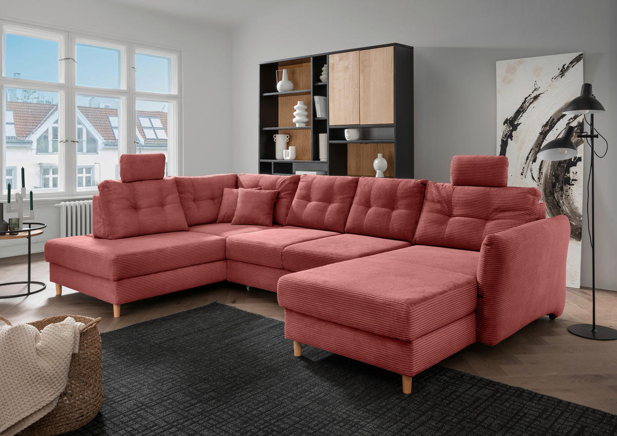 WOHNLANDSCHAFT Koralle Cord  - Koralle/Naturfarben, MODERN, Holz/Textil (206/338-352/176cm) - Livetastic