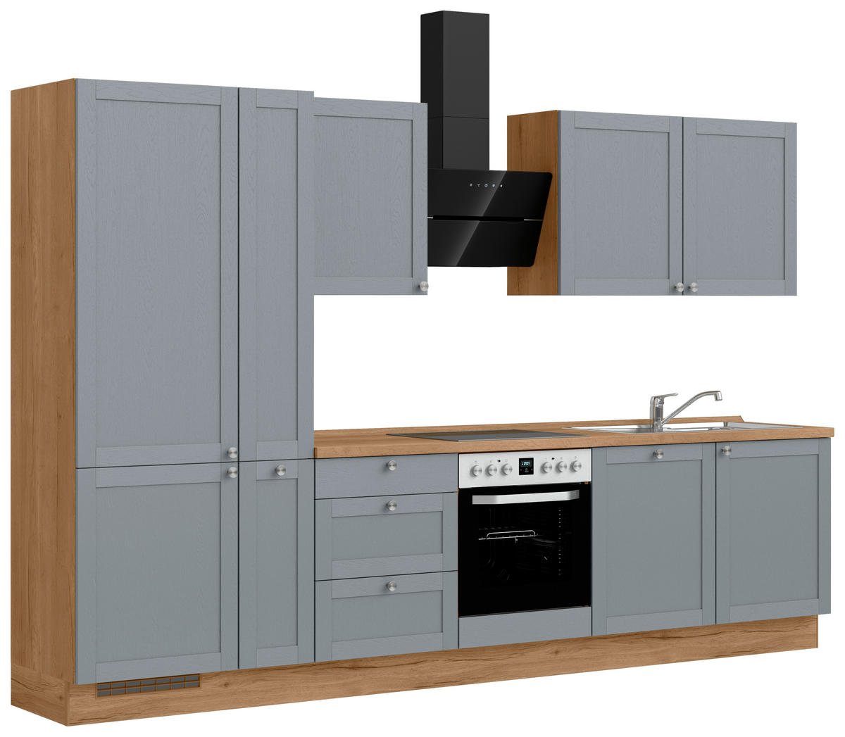 KÜCHENBLOCK Frame 330 cm  in Eichefarben, Blaugrau  - Edelstahlfarben/Eichefarben, MODERN, Holzwerkstoff/Metall (330cm) - Nobilia