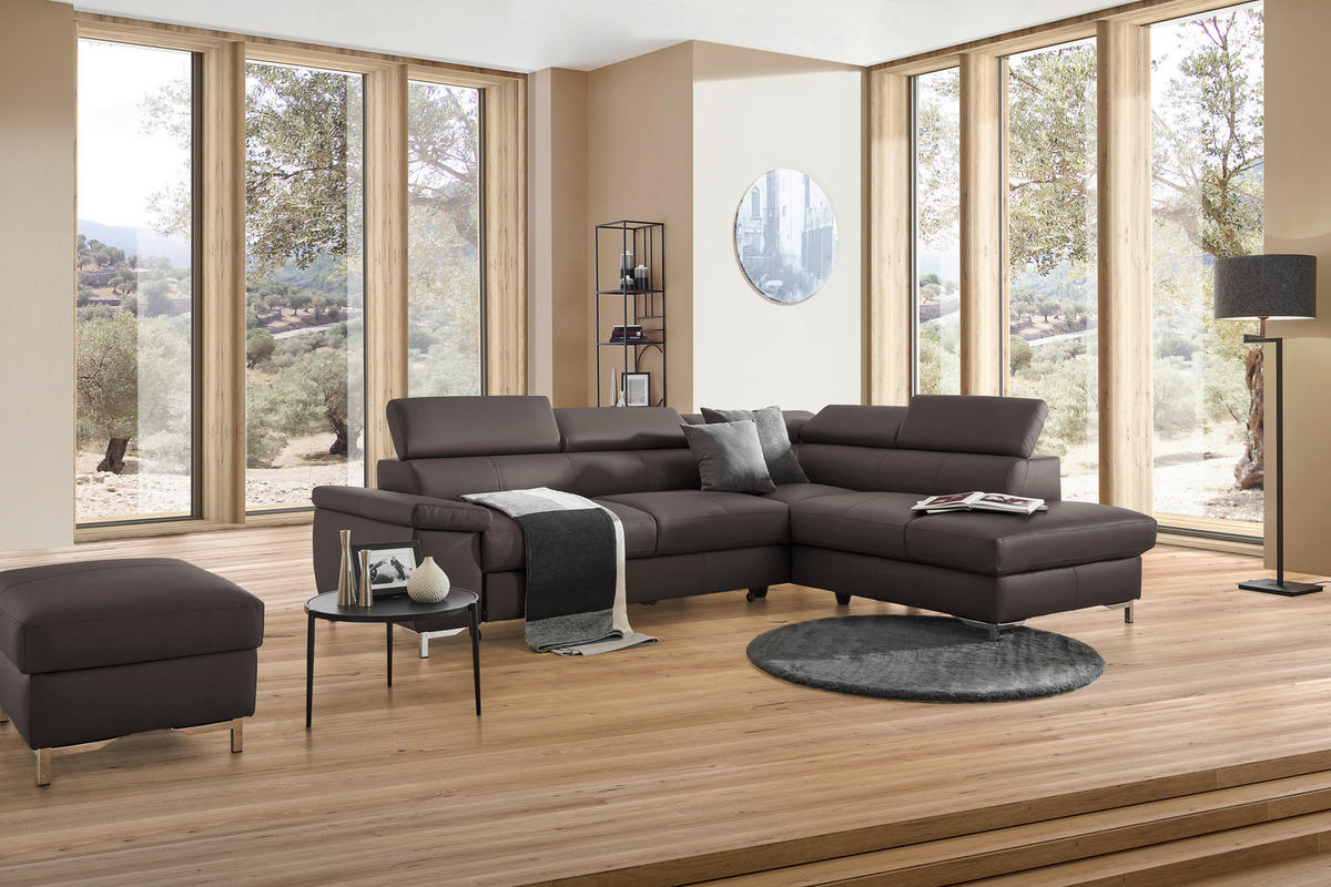 ECKSOFA in Echtleder Dunkelbraun  268/213 cm  - Chromfarben/Dunkelbraun, Design, Leder/Metall (268/213cm) - Stylife