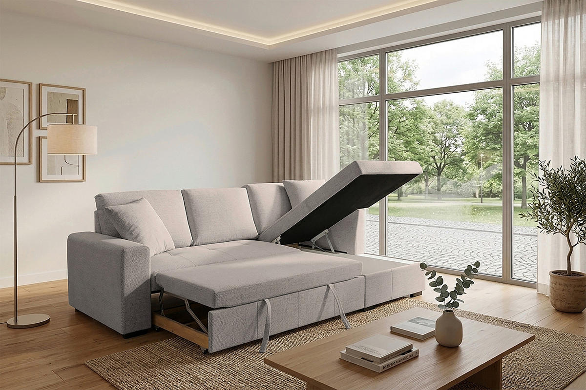 ECKSOFA LUKAS Hellbraun Struktur Zierkissen, Bettkasten  - Hellbraun, Trend, Textil (239/158cm) - P & B